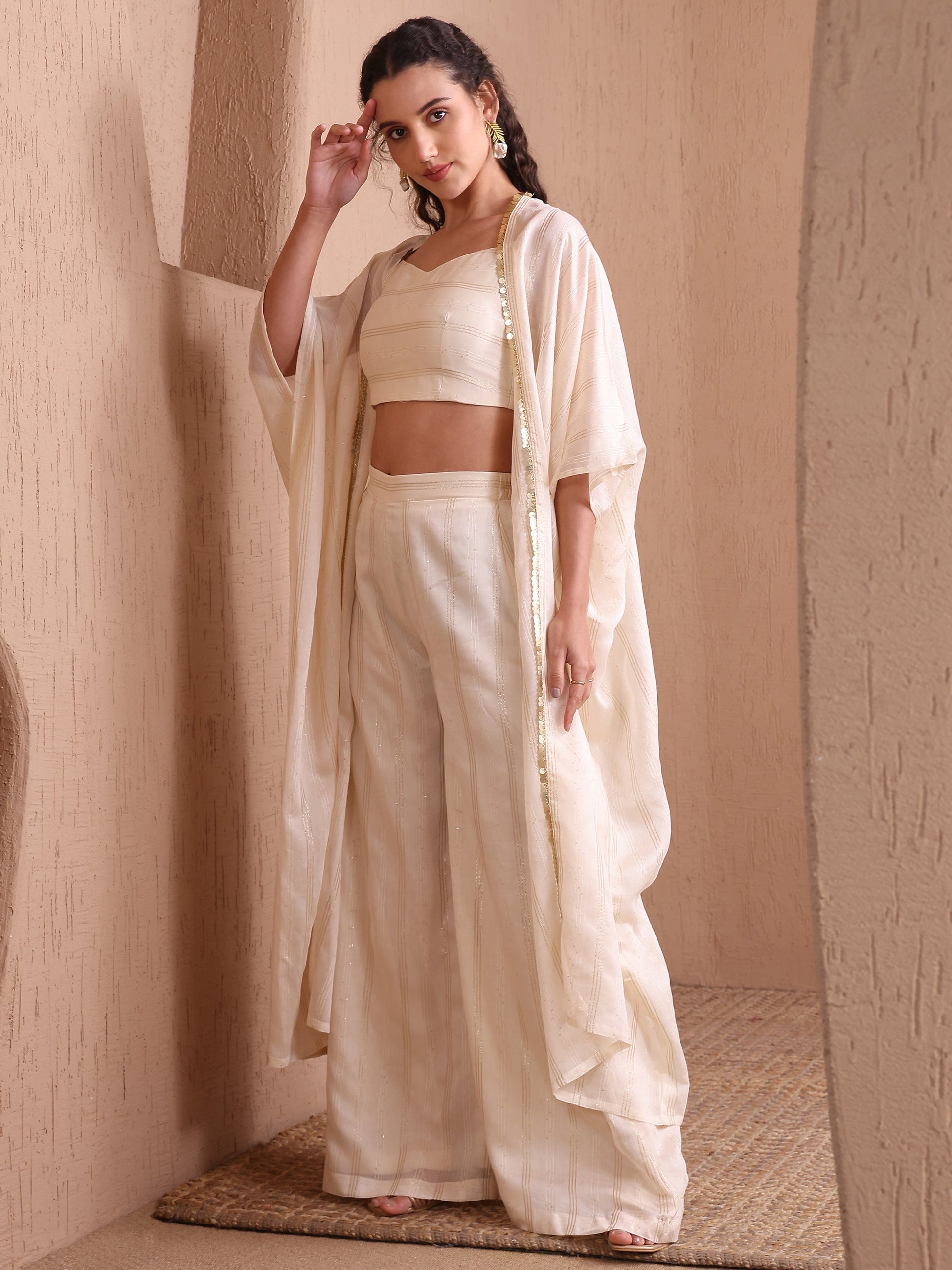 Women's Off White Pure Viscose Sweetheart Ethenic Co-Ords