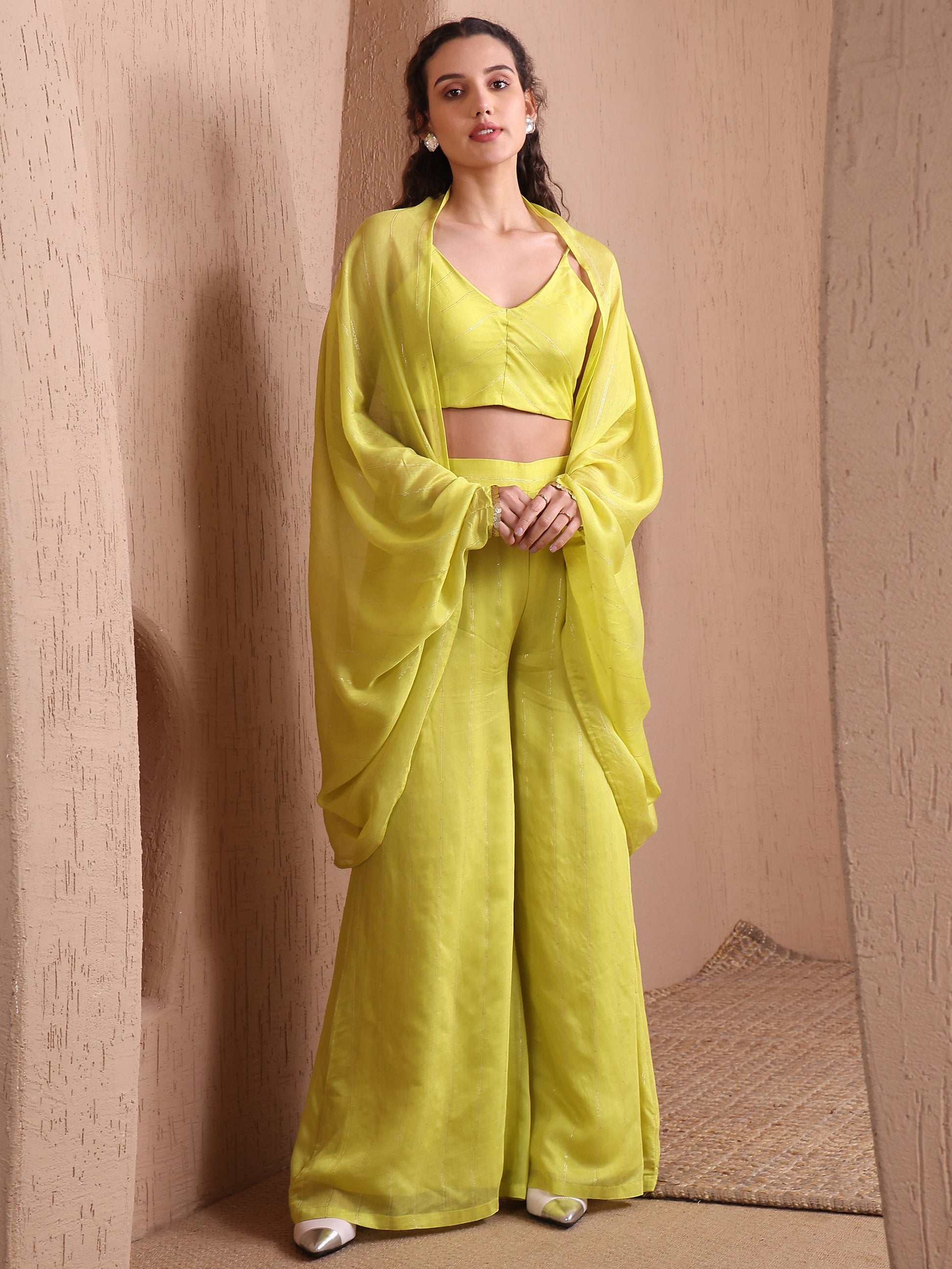 Women's lime Pure Viscose Long Sleeve V-Neck Ethenic Co-Ords