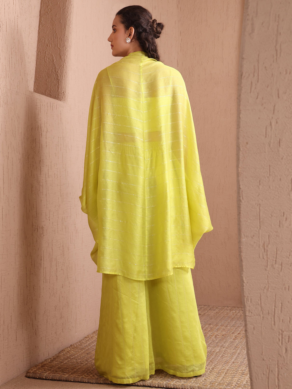 Women's lime Pure Viscose Long Sleeve V-Neck Ethenic Co-Ords