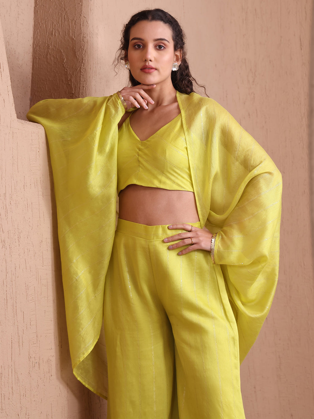 Women's lime Pure Viscose Long Sleeve V-Neck Ethenic Co-Ords