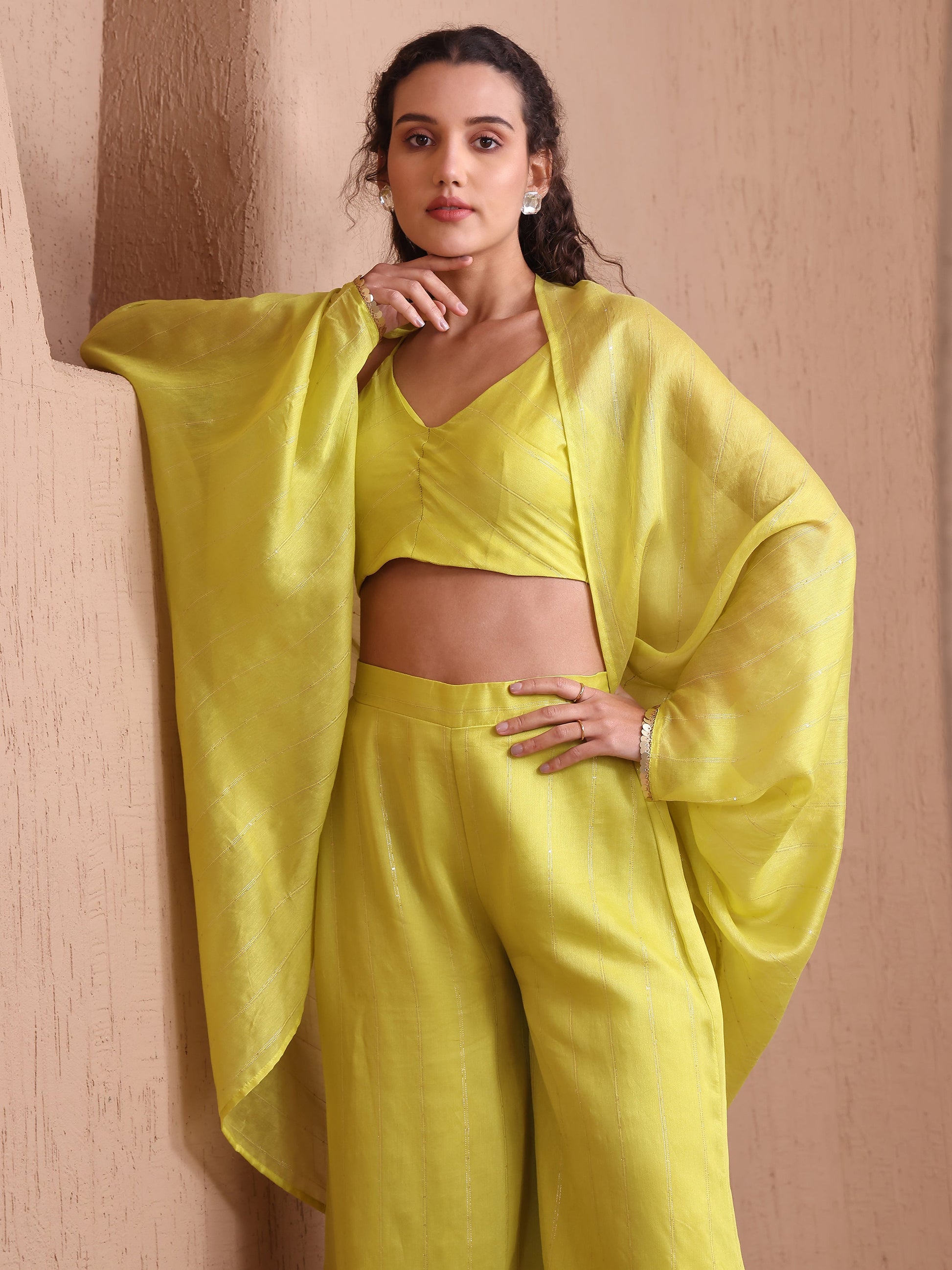 Women's lime Pure Viscose Long Sleeve V-Neck Ethenic Co-Ords