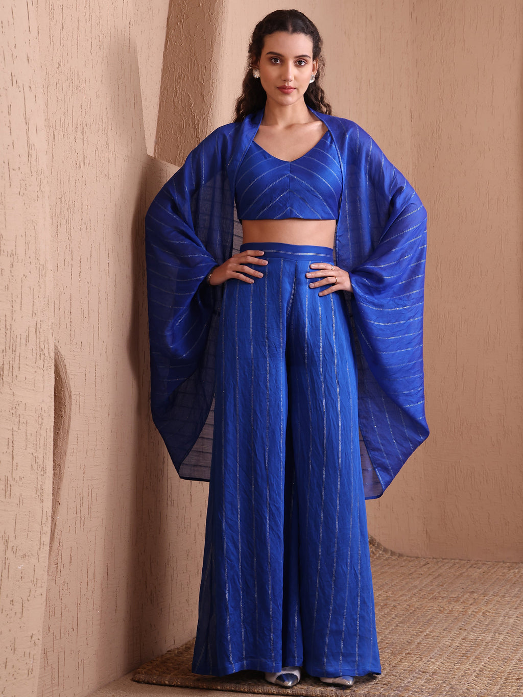 Women's Blue Pure Viscose  Long Sleeve V-Neck Ethenic Co-Ords