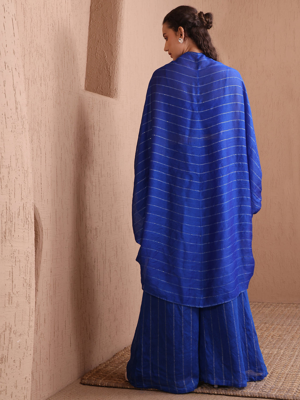 Women's Blue Pure Viscose  Long Sleeve V-Neck Ethenic Co-Ords
