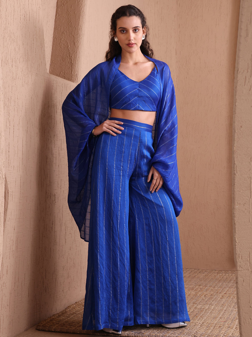 Women's Blue Pure Viscose  Long Sleeve V-Neck Ethenic Co-Ords