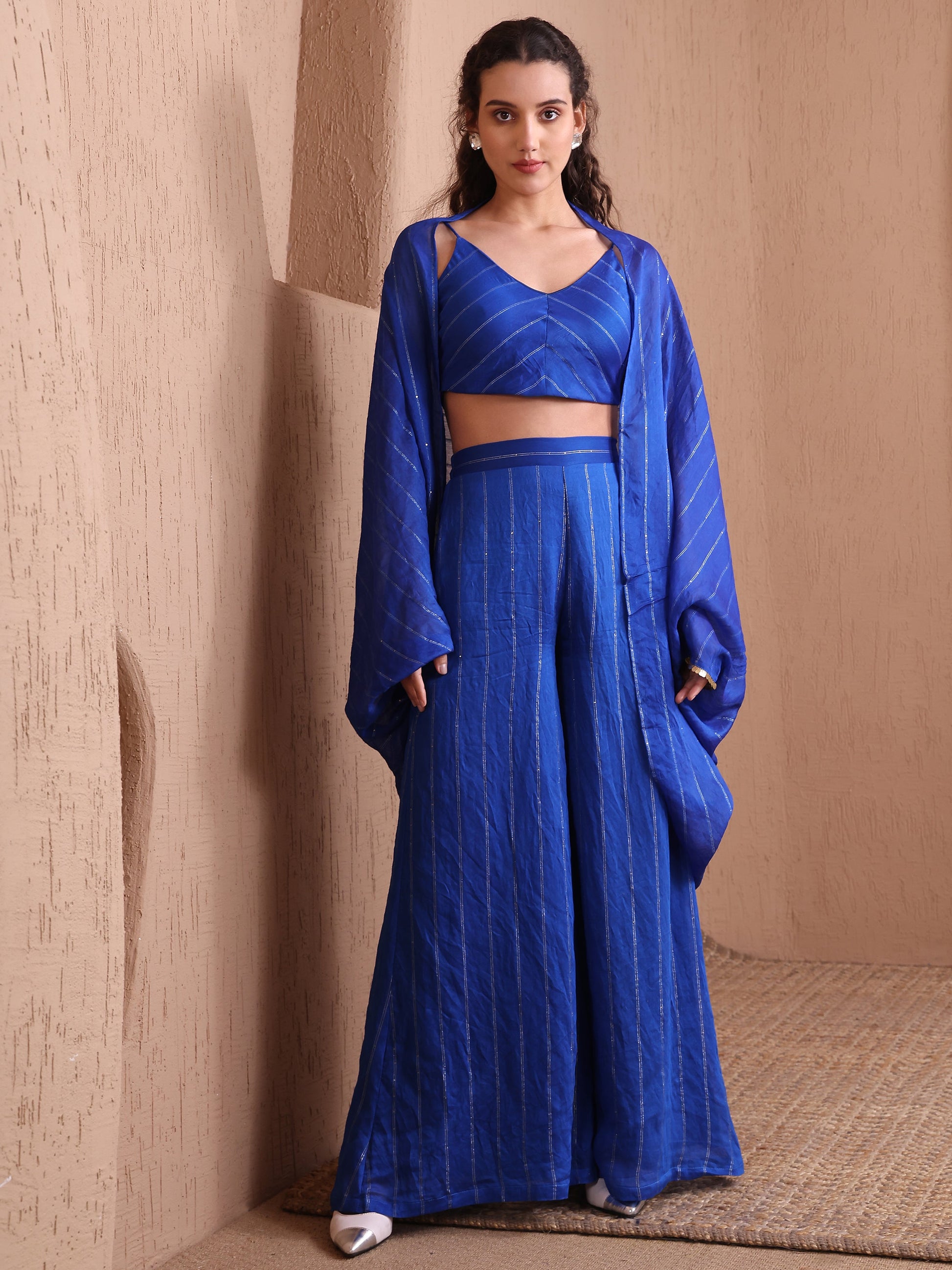 Women's Blue Pure Viscose  Long Sleeve V-Neck Ethenic Co-Ords