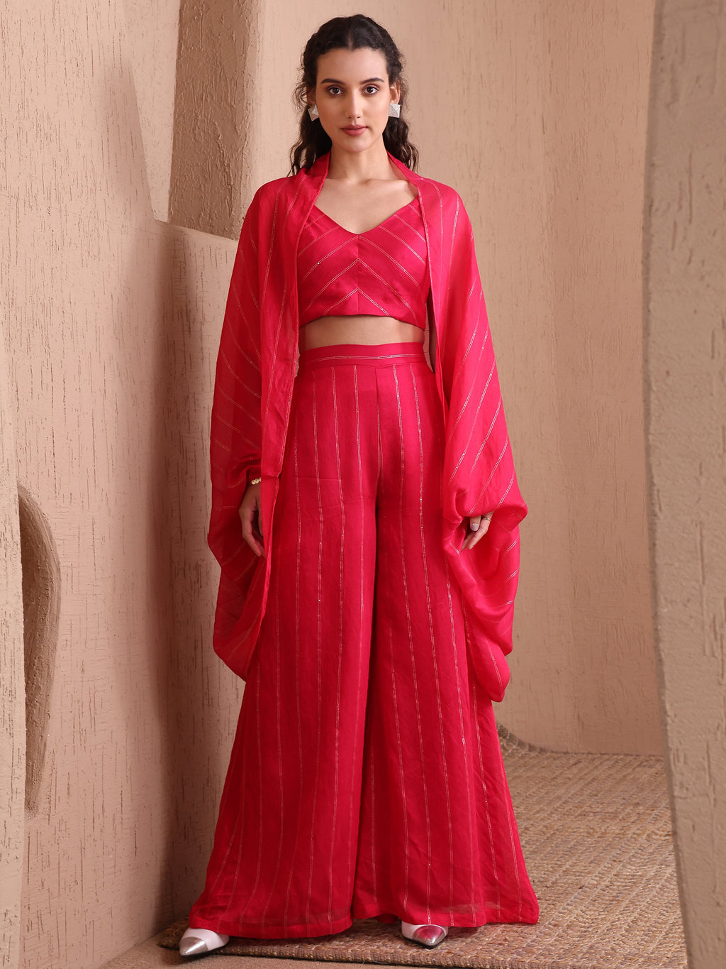 Women's Pink Pure Viscose Long Sleeve V-Neck Ethenic Co-Ords