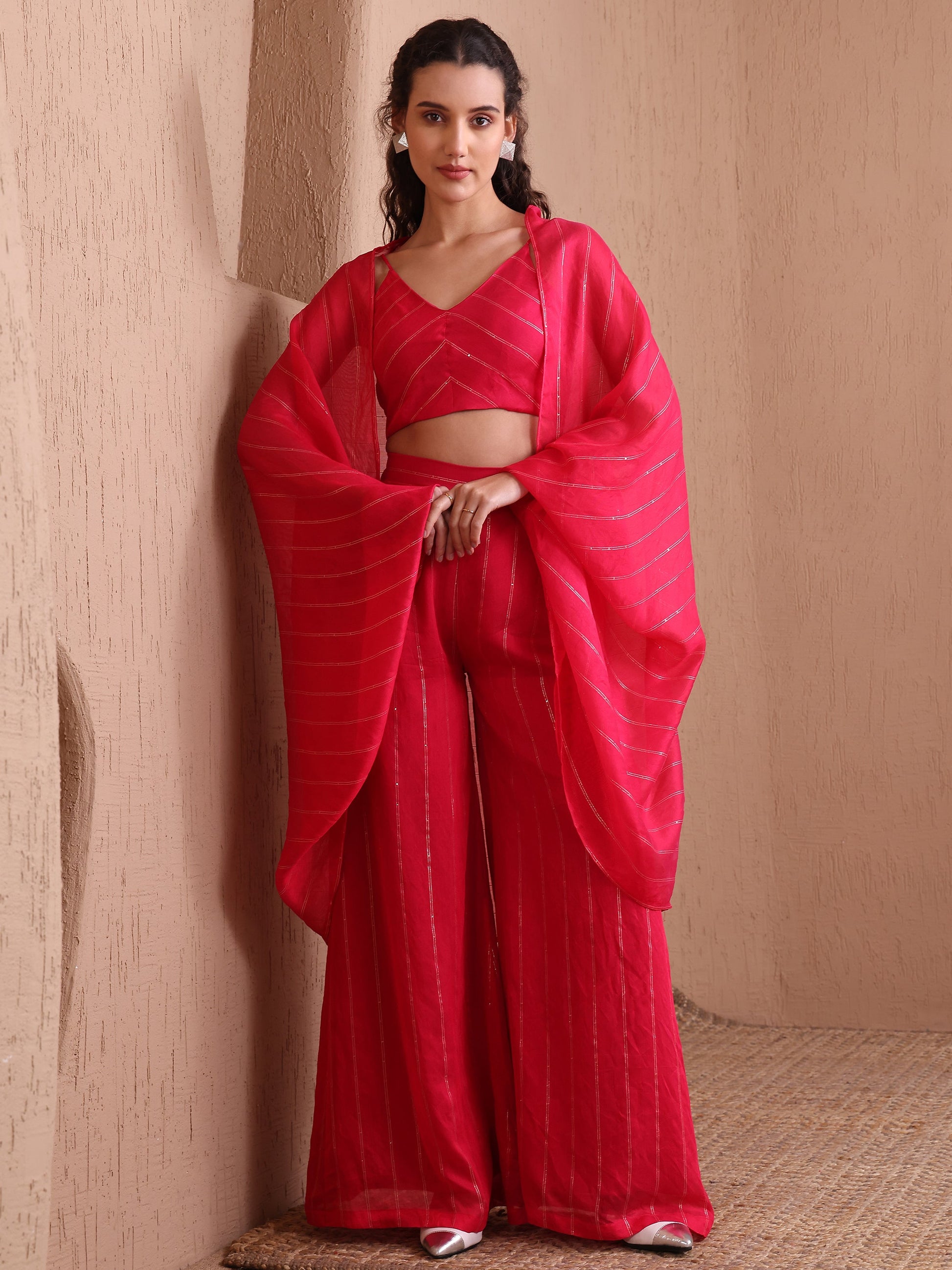 Women's Pink Pure Viscose Long Sleeve V-Neck Ethenic Co-Ords