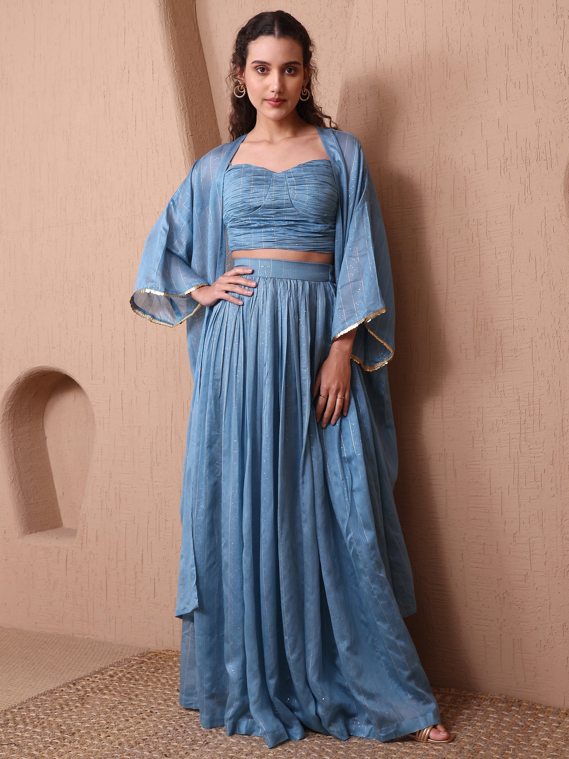 Women's Sky Blue Pure Viscose Long Sleeve Sweetheart Ethenic Co-Ords