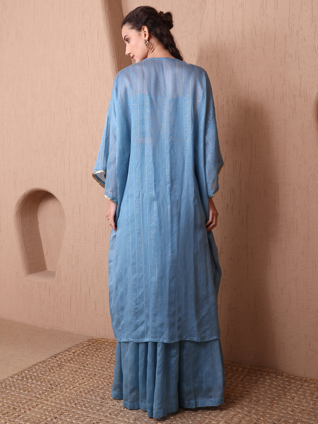 Women's Sky Blue Pure Viscose Long Sleeve Sweetheart Ethenic Co-Ords