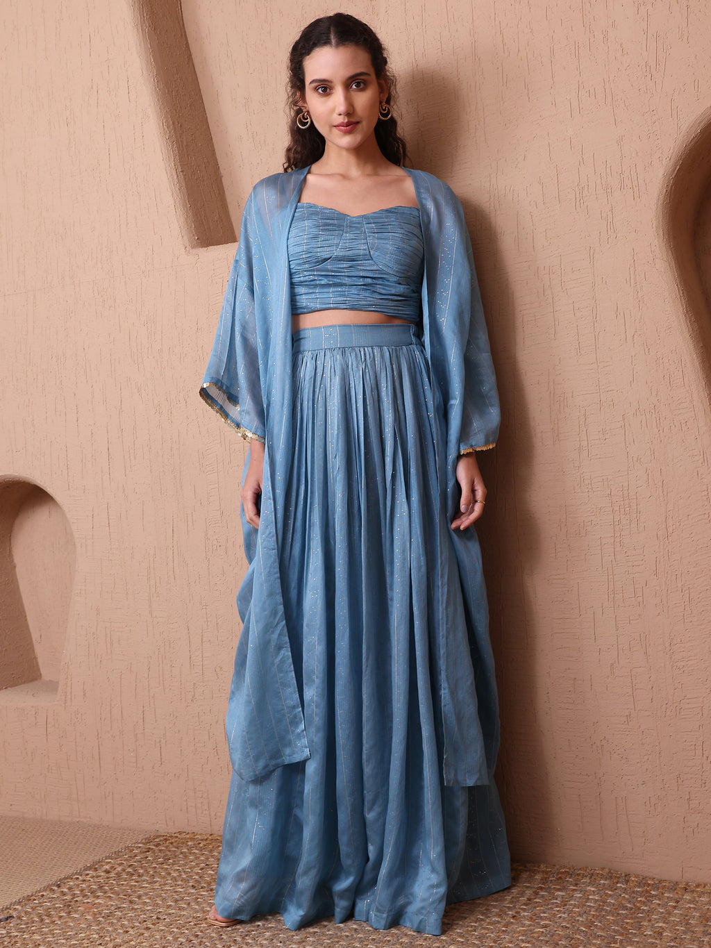 Women's Sky Blue Pure Viscose Long Sleeve Sweetheart Ethenic Co-Ords