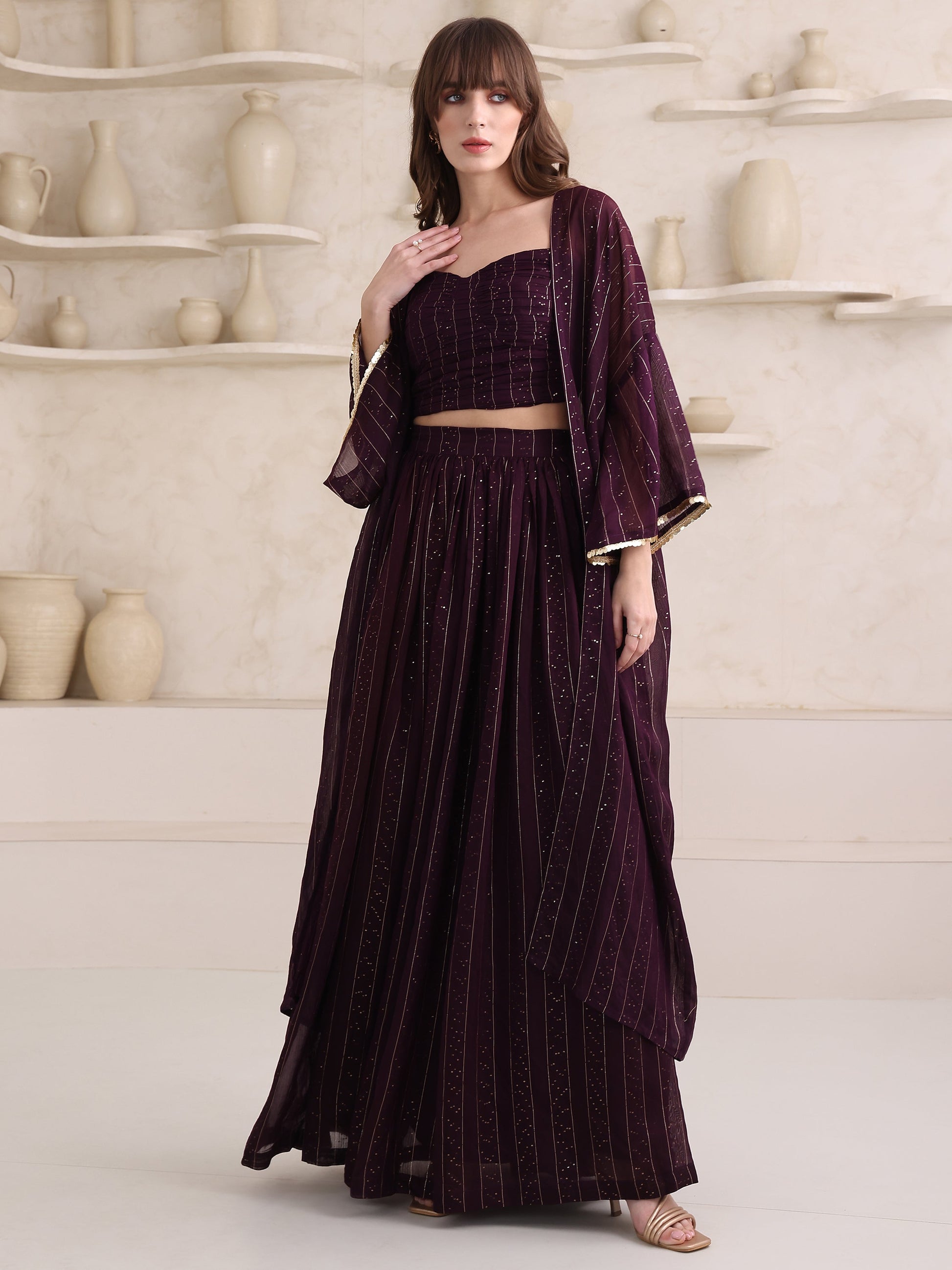 Women's Wine Pure Viscose Long Sleeve Sweetheart Ethenic Co-Ords