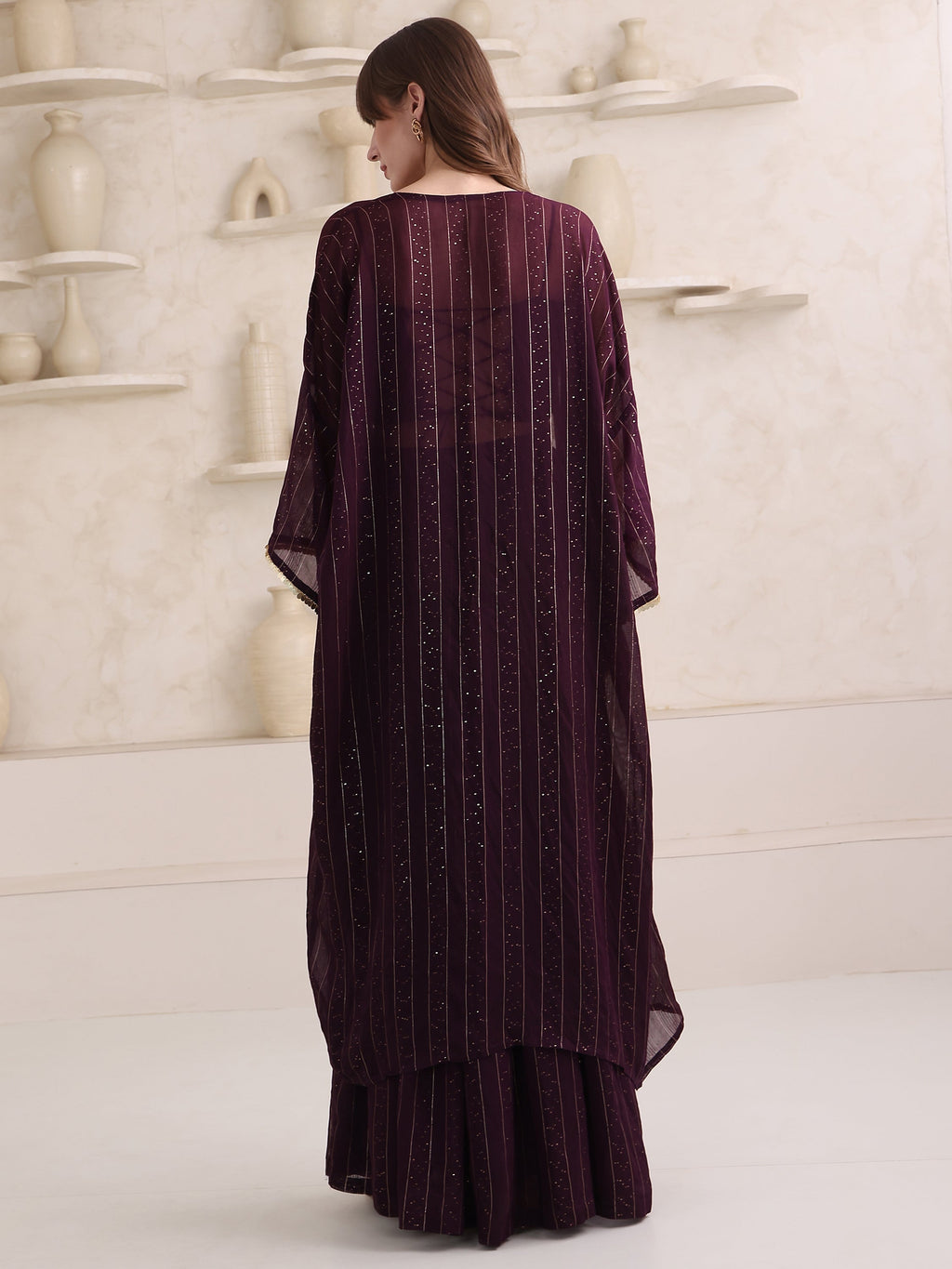 Women's Wine Pure Viscose Long Sleeve Sweetheart Ethenic Co-Ords