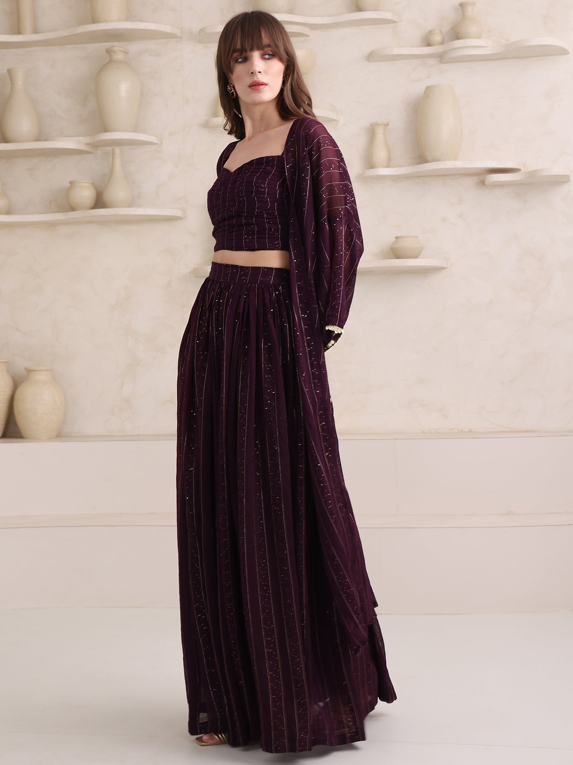 Women's Wine Pure Viscose Long Sleeve Sweetheart Ethenic Co-Ords