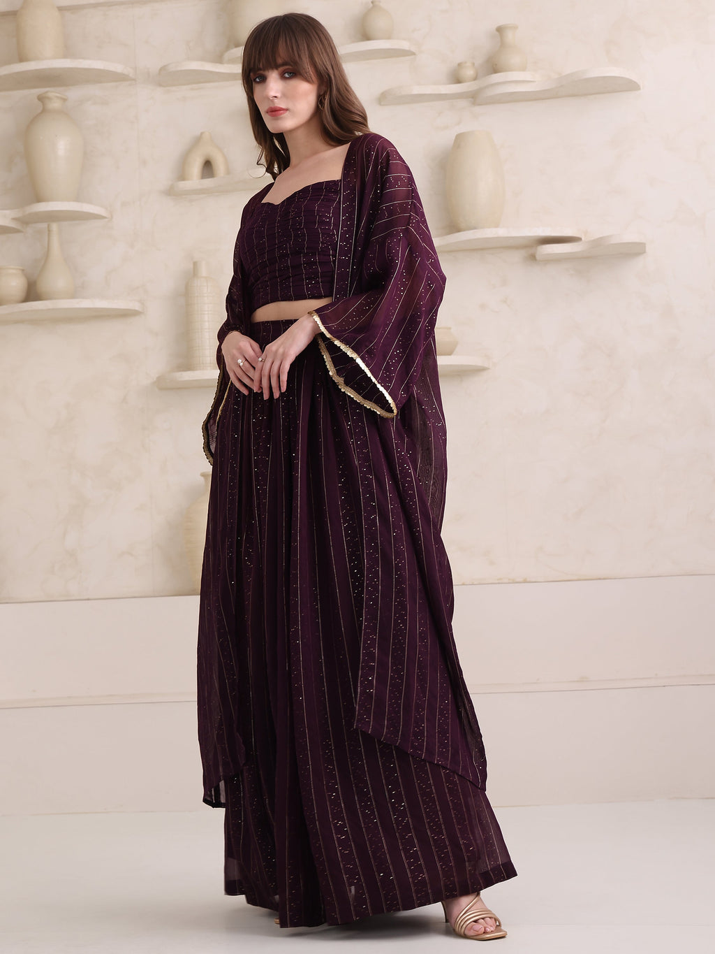 Women's Wine Pure Viscose Long Sleeve Sweetheart Ethenic Co-Ords