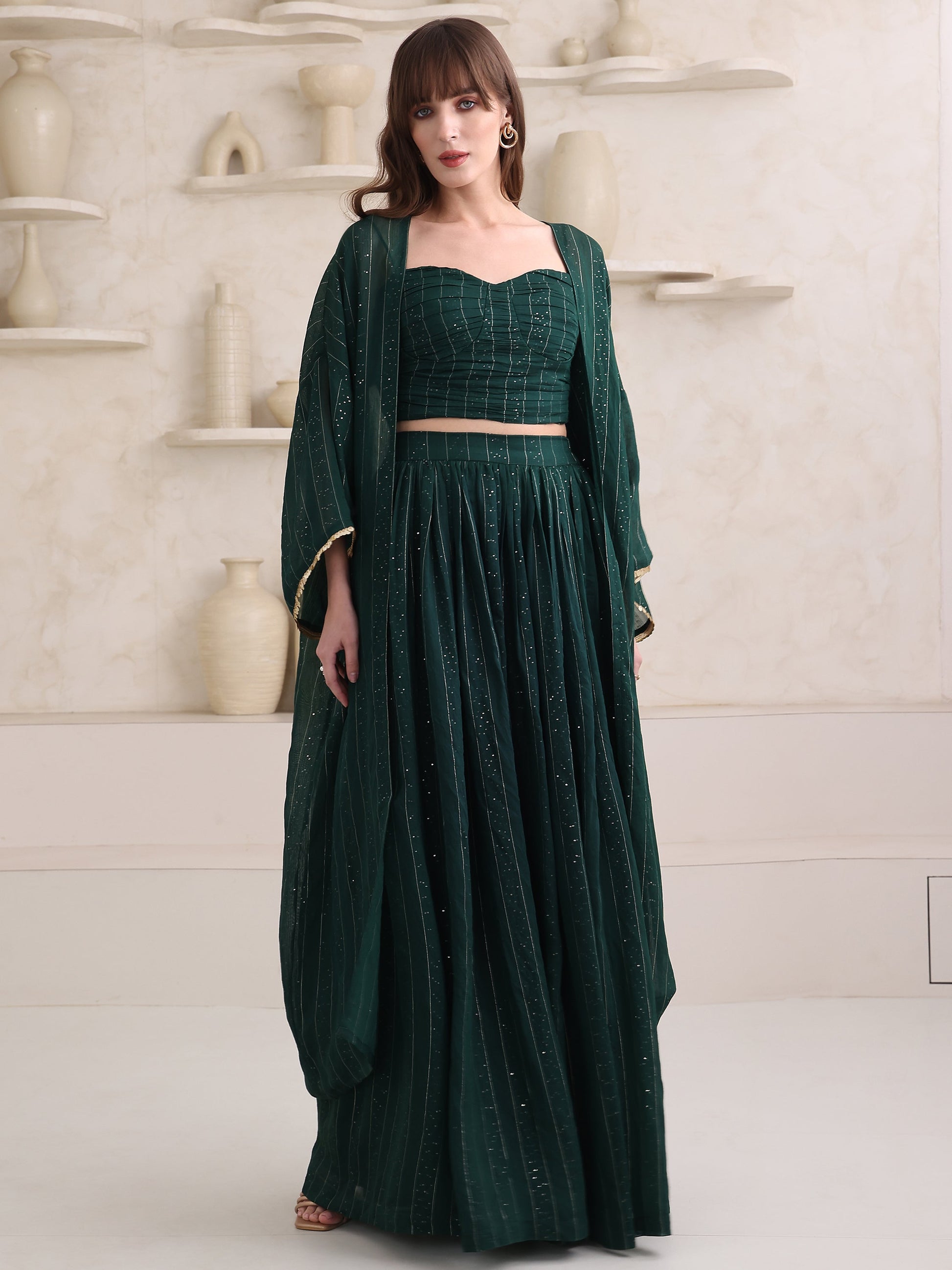 Women's Green Pure Viscose Long Sleeve Ethenic Co-Ords