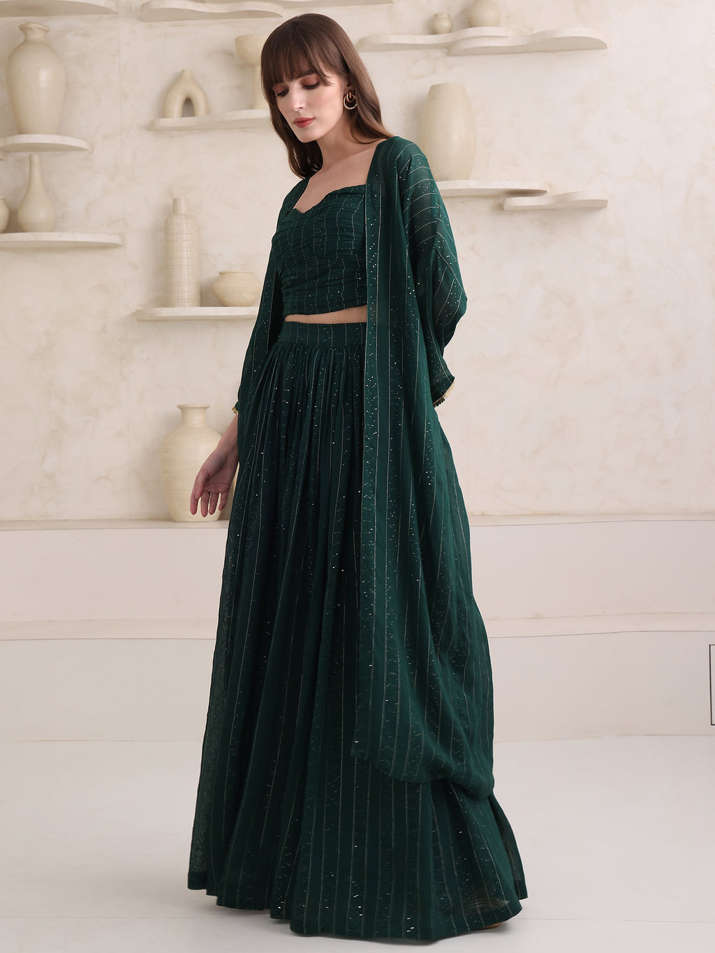 Women's Green Pure Viscose Long Sleeve Ethenic Co-Ords