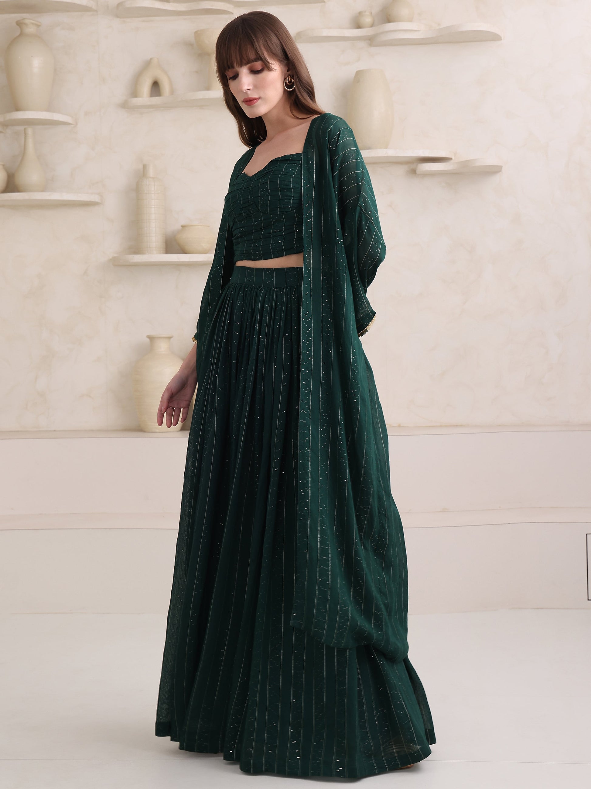 Women's Green Pure Viscose Long Sleeve Ethenic Co-Ords