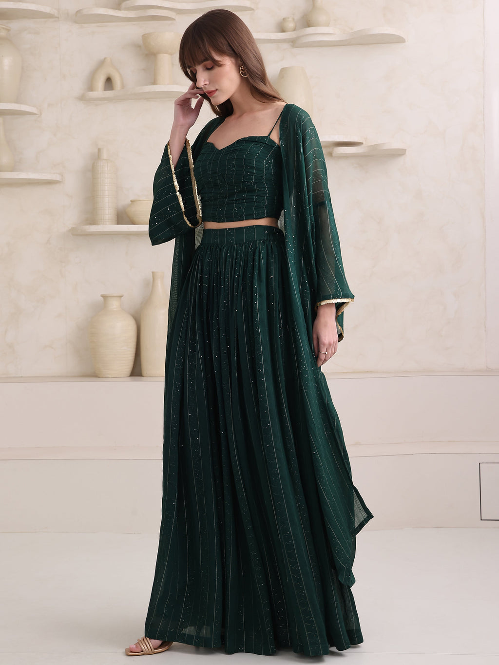 Women's Green Pure Viscose Long Sleeve Ethenic Co-Ords