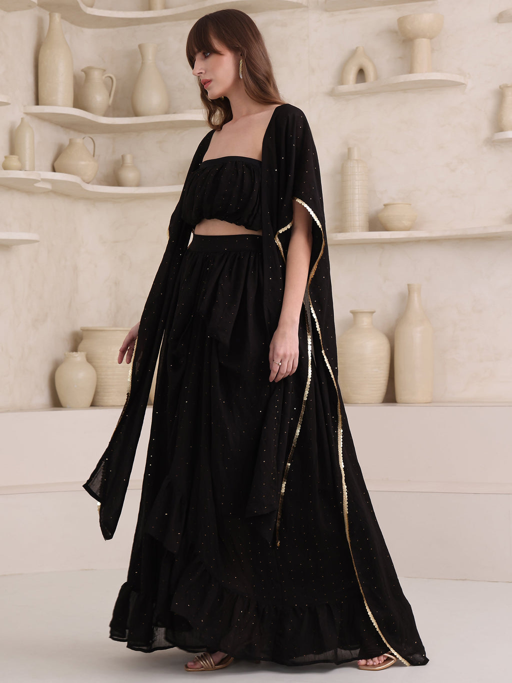 Women's Black Pure Viscose Sleeve Ethenic Co-Ords-