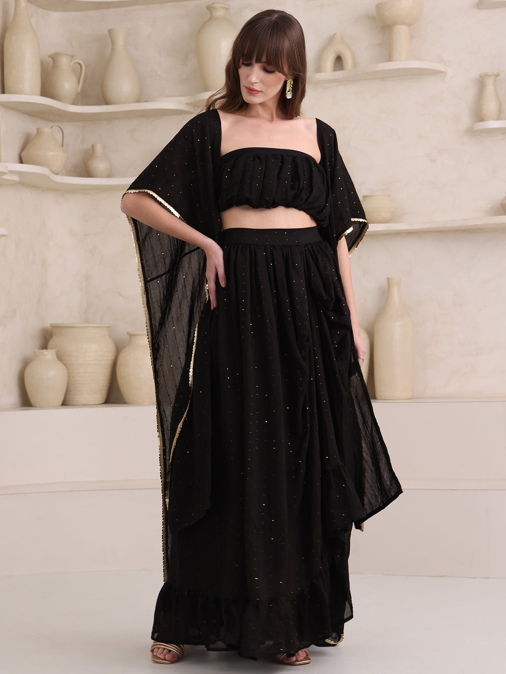 Women's Black Pure Viscose Sleeve Ethenic Co-Ords-