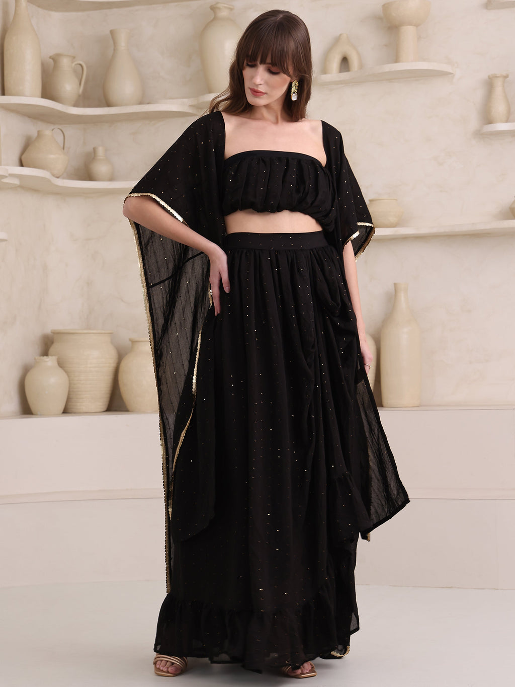 Women's Black Pure Viscose Sleeve Ethenic Co-Ords-