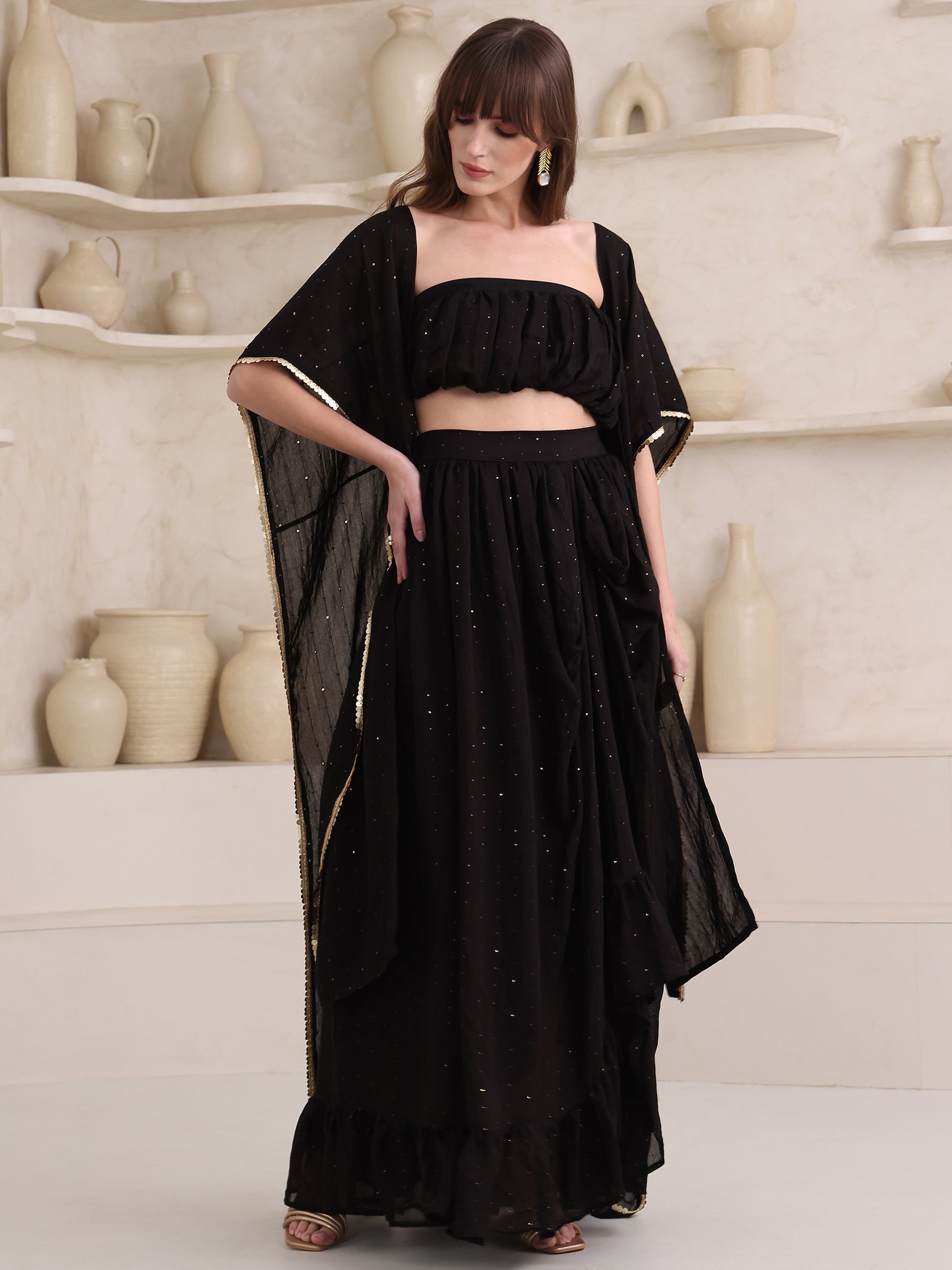 Women's Black Pure Viscose Sleeve Ethenic Co-Ords-