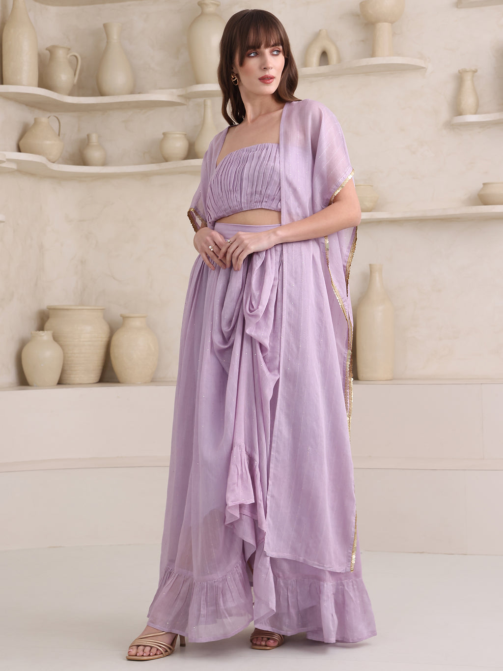 Women's Purple Pure Viscose Sleeve Ethenic Co-Ords