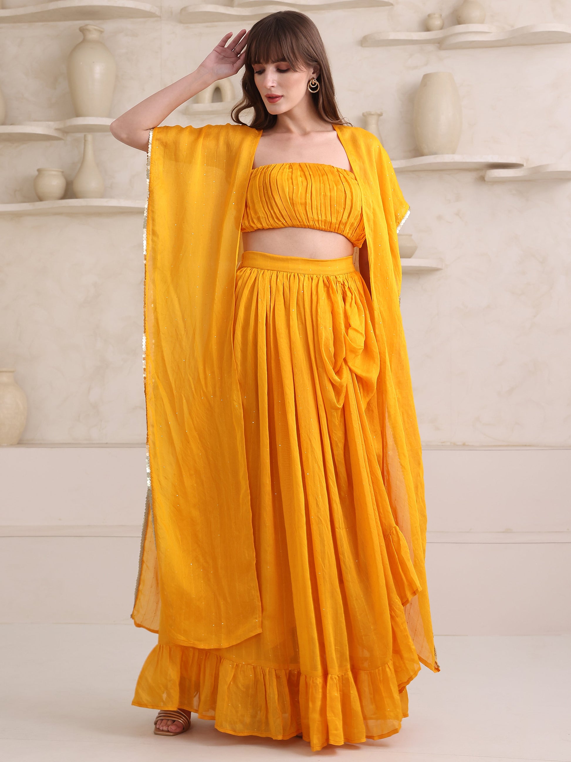 Women's Yellow Solid Kimono Sleeve Ethenic Co-Ords