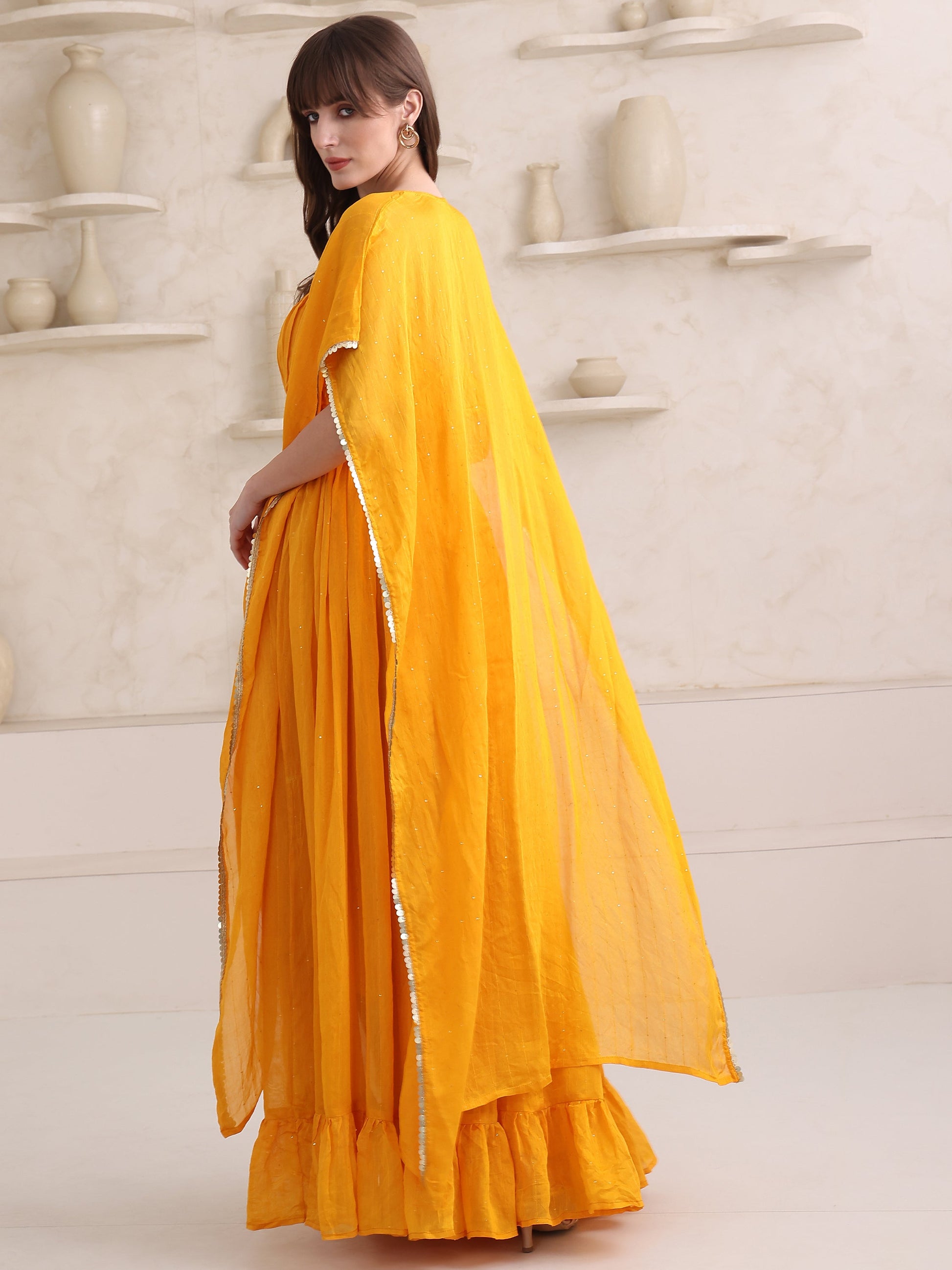 Women's Yellow Solid Kimono Sleeve Ethenic Co-Ords