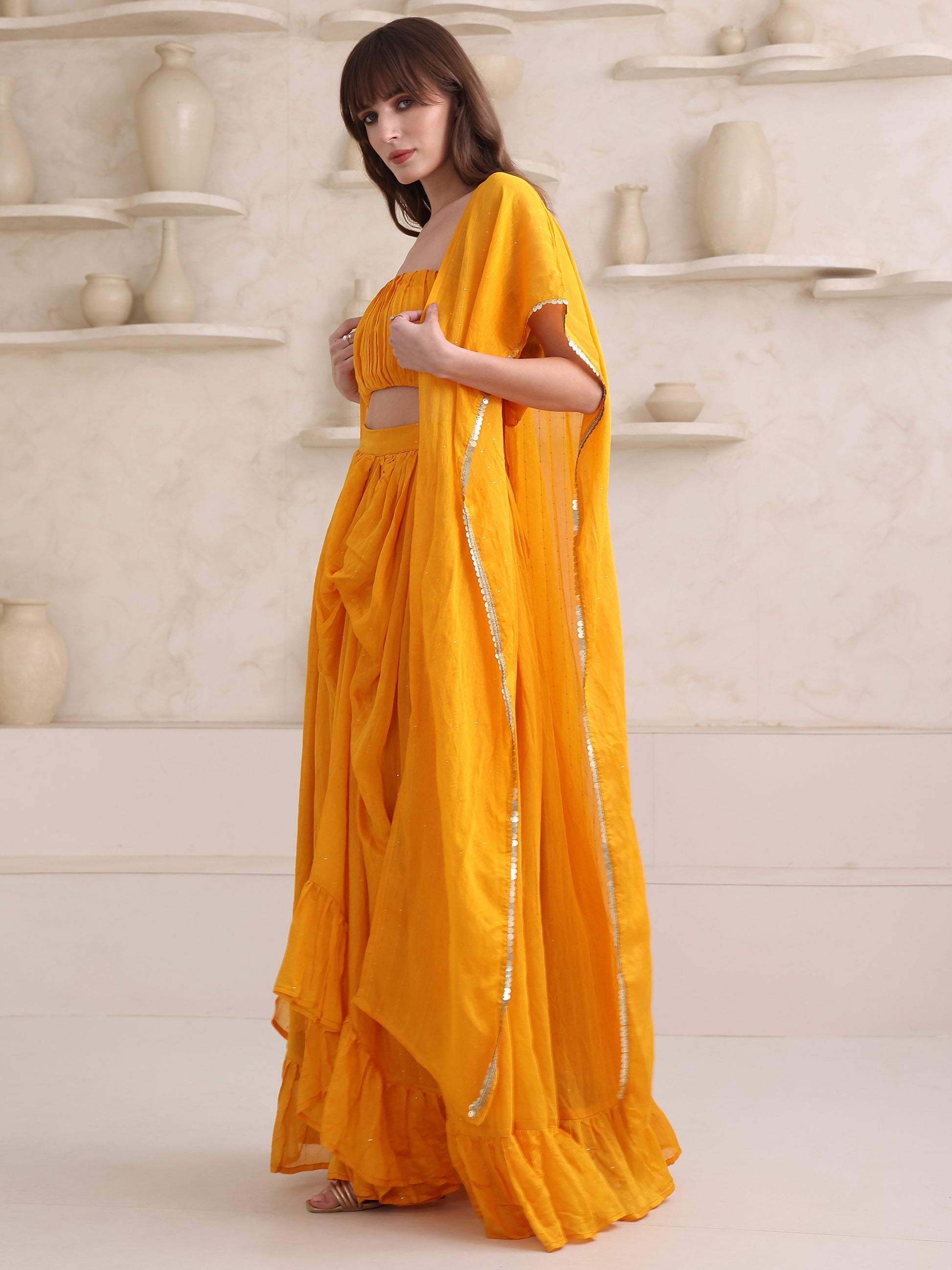 Women's Yellow Solid Kimono Sleeve Ethenic Co-Ords