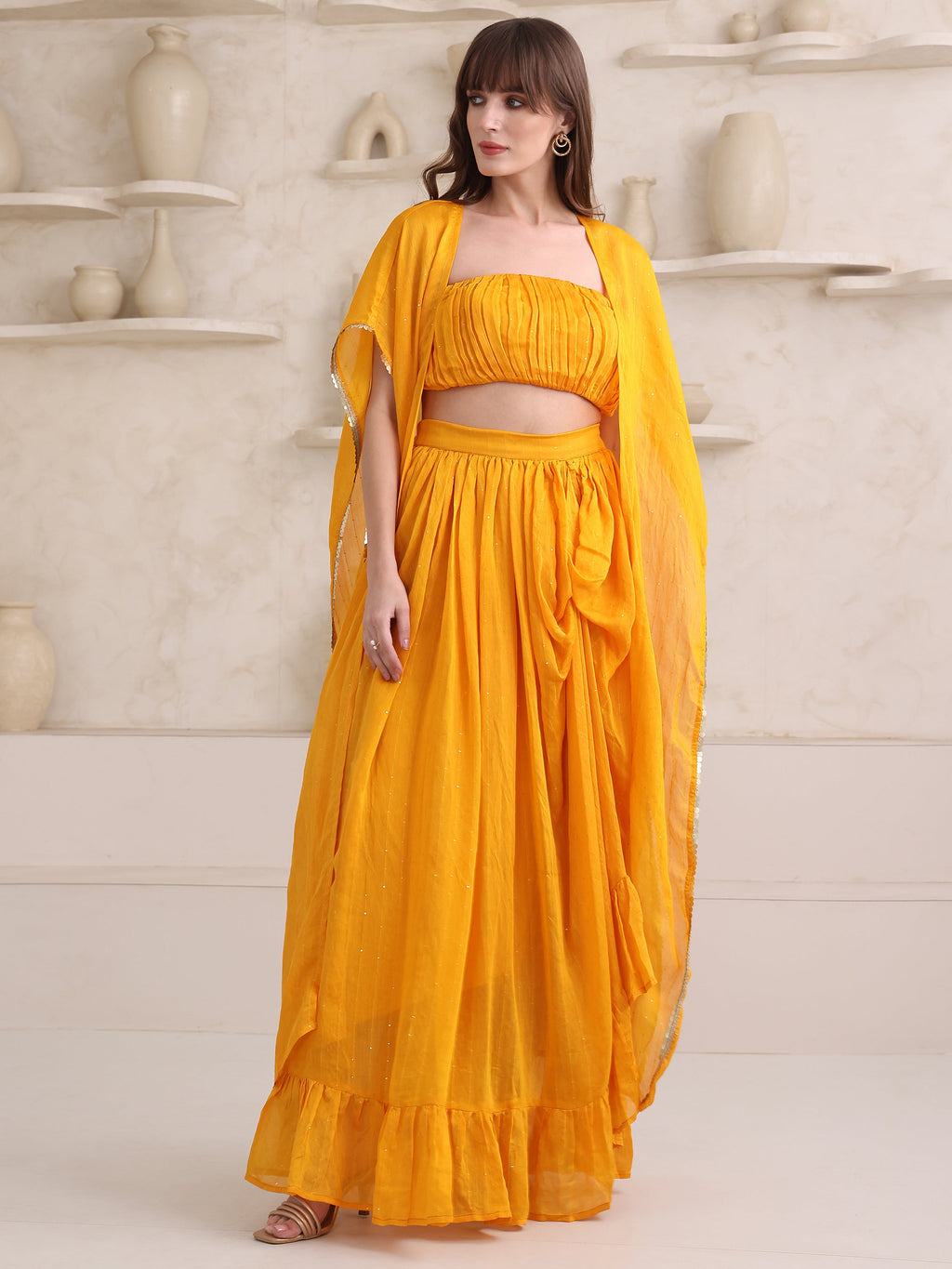 Women's Yellow Solid Kimono Sleeve Ethenic Co-Ords