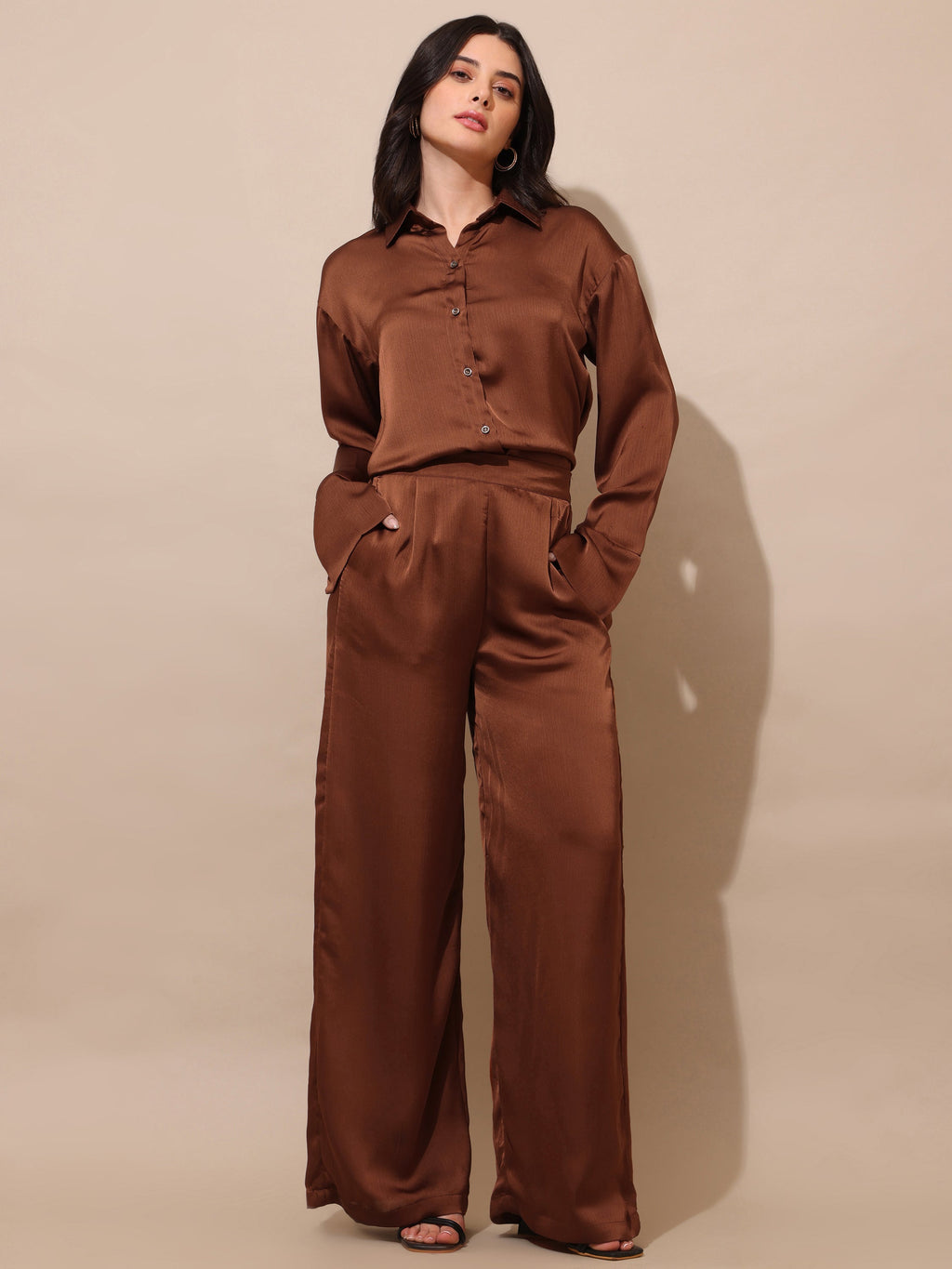 Shirt Collar Satin Solid Co-Ords