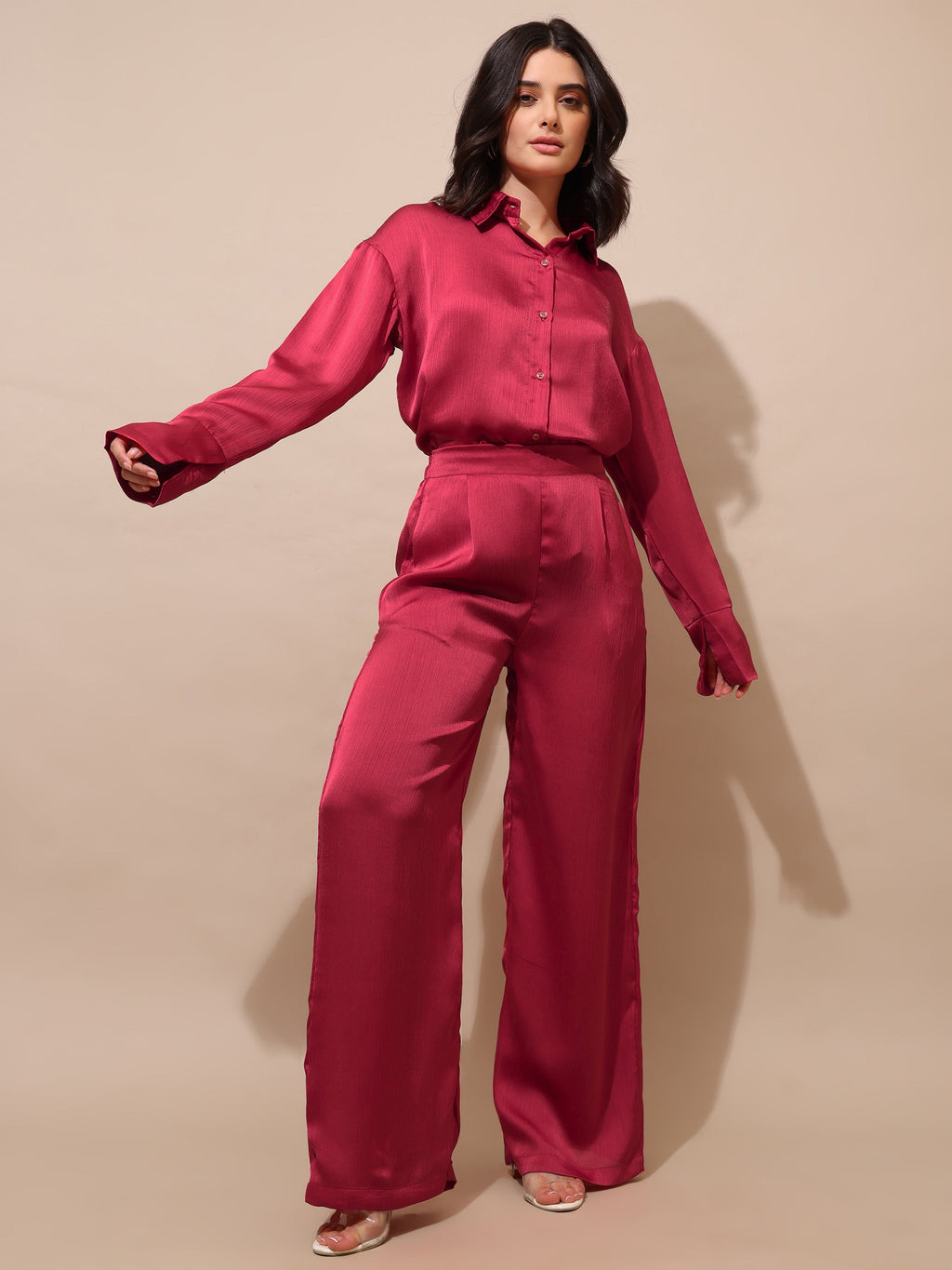 Shirt Collar Satin Solid Co-Ords