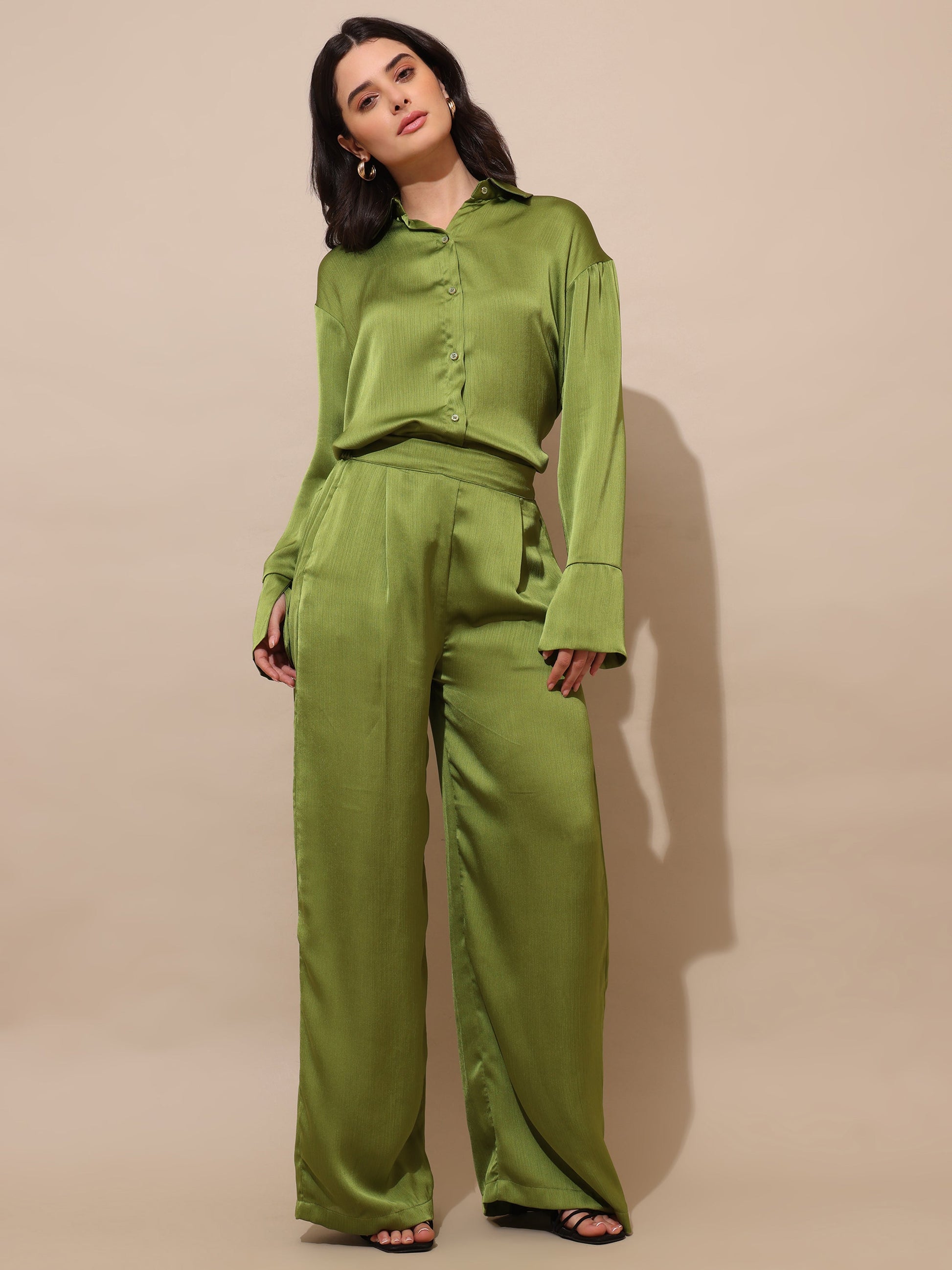Shirt Collar Satin Solid Co-Ords