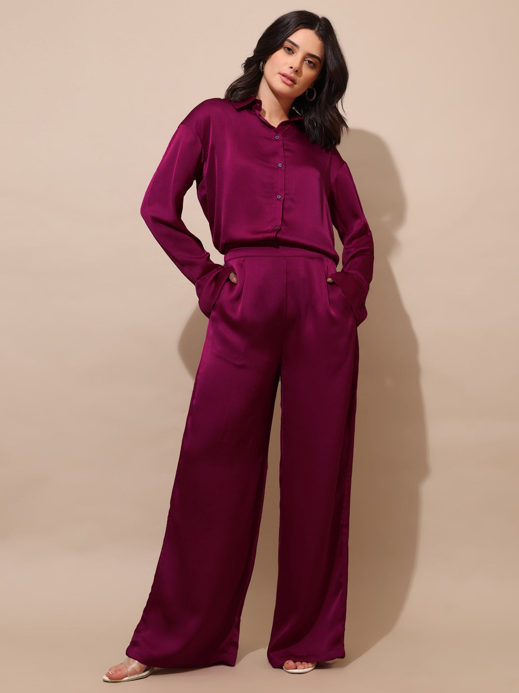 Shirt Collar Satin Solid Co-Ords