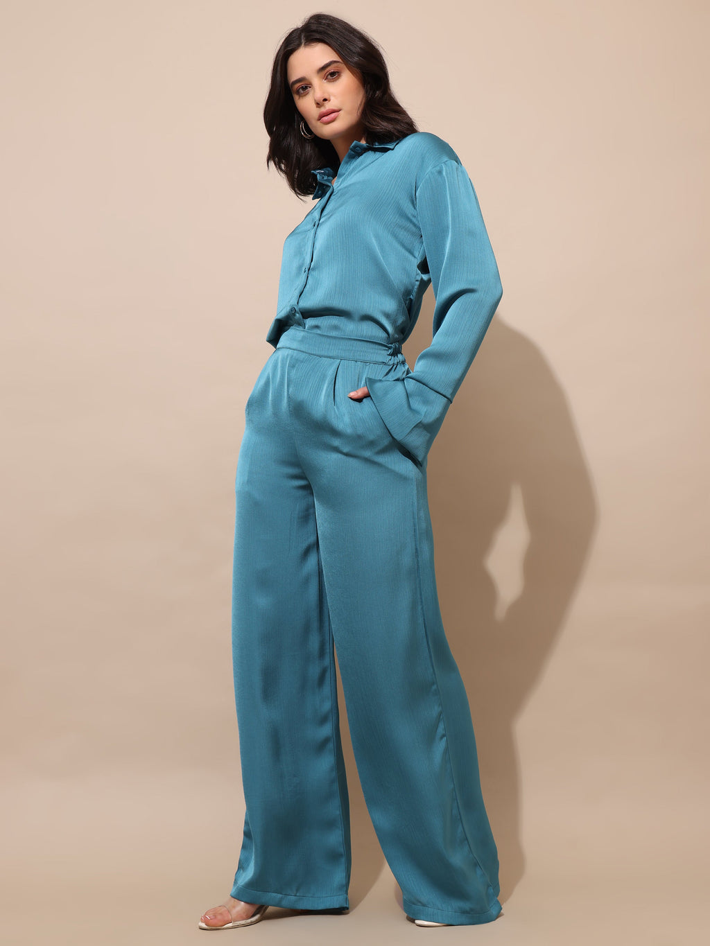 Shirt Collar Satin Solid Co-Ords