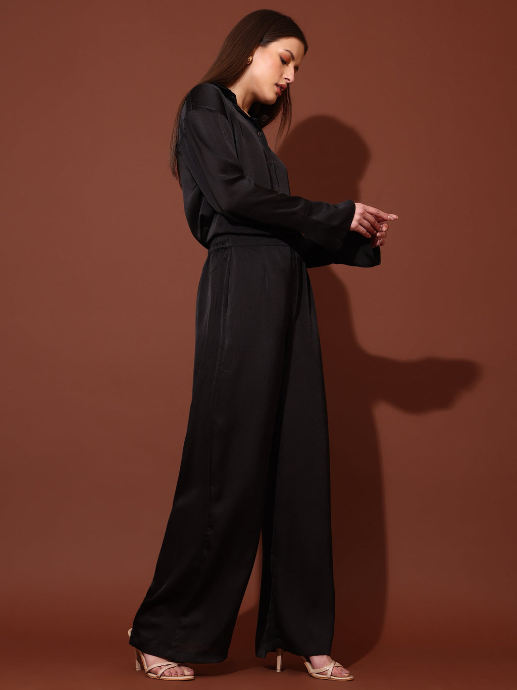 Shirt Collar Satin Solid Co-Ords