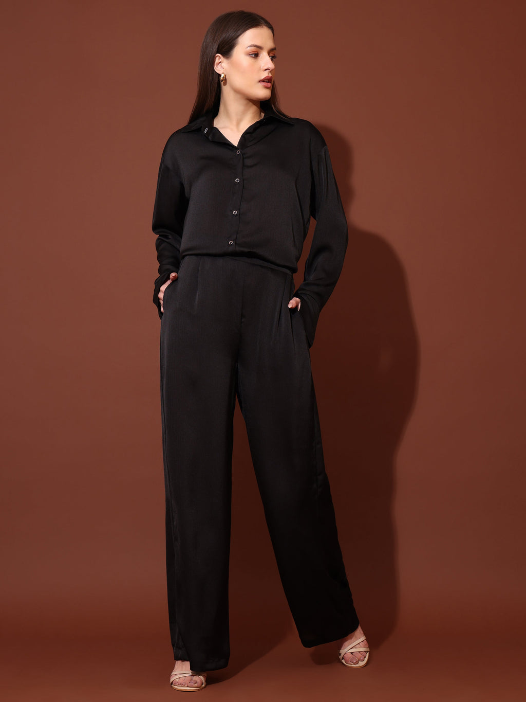 Shirt Collar Satin Solid Co-Ords