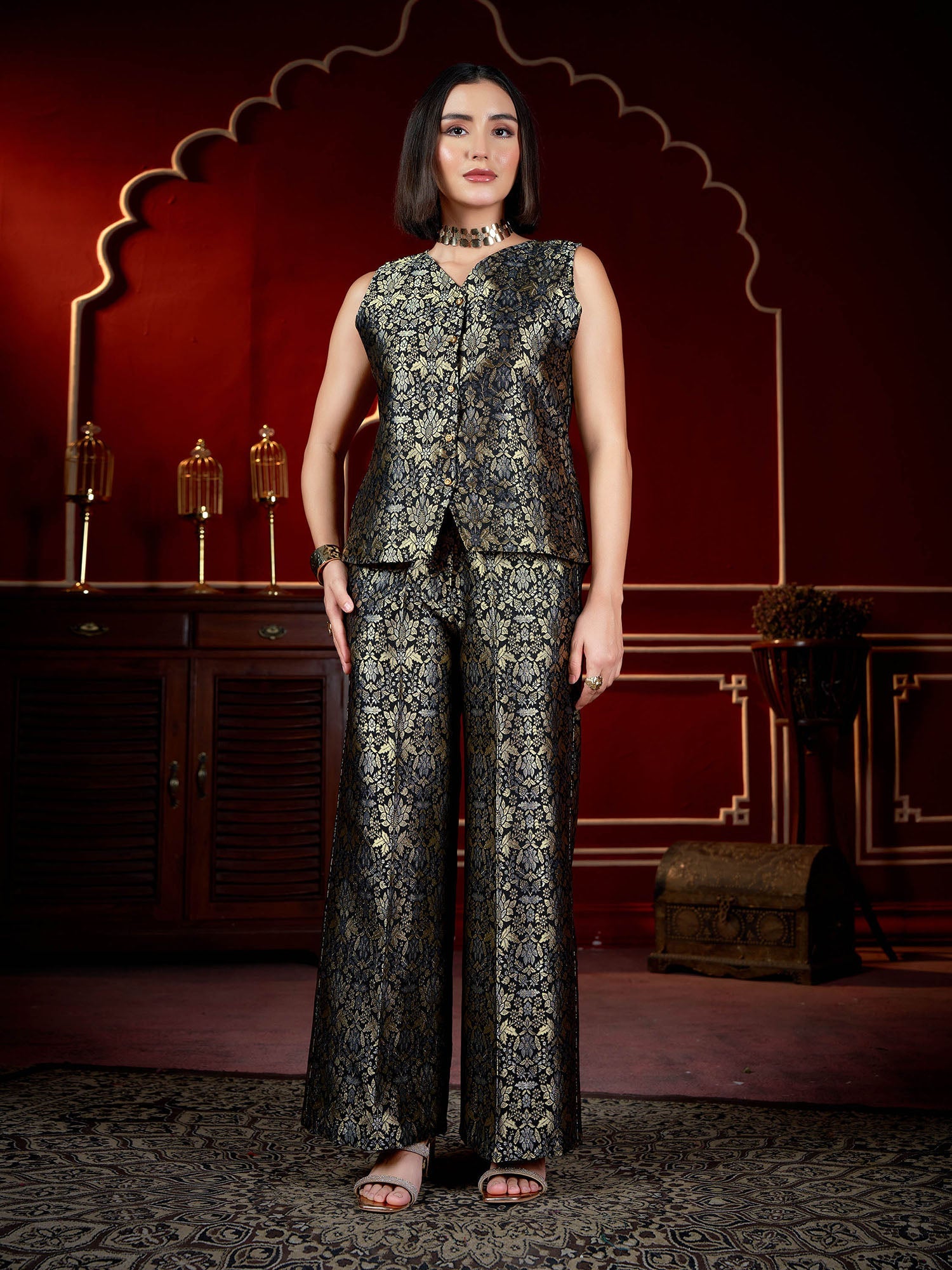 V- Neck Polyester Sleeves Co-ords Set