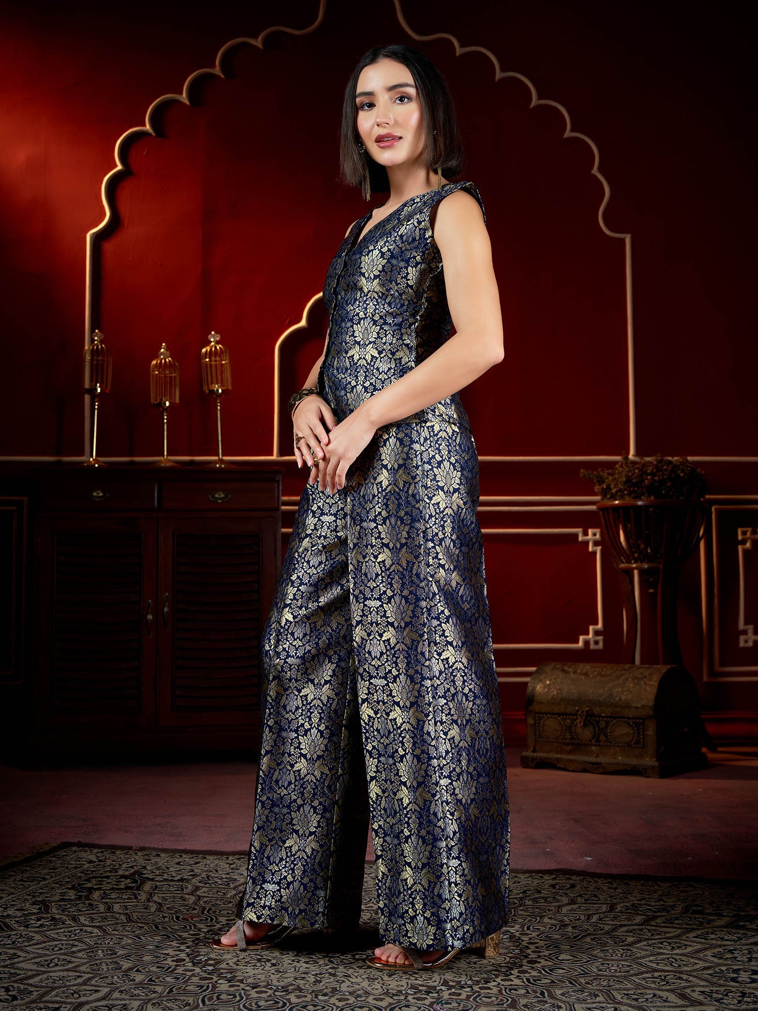 V- Neck Polyester Sleeves Co-ords Set