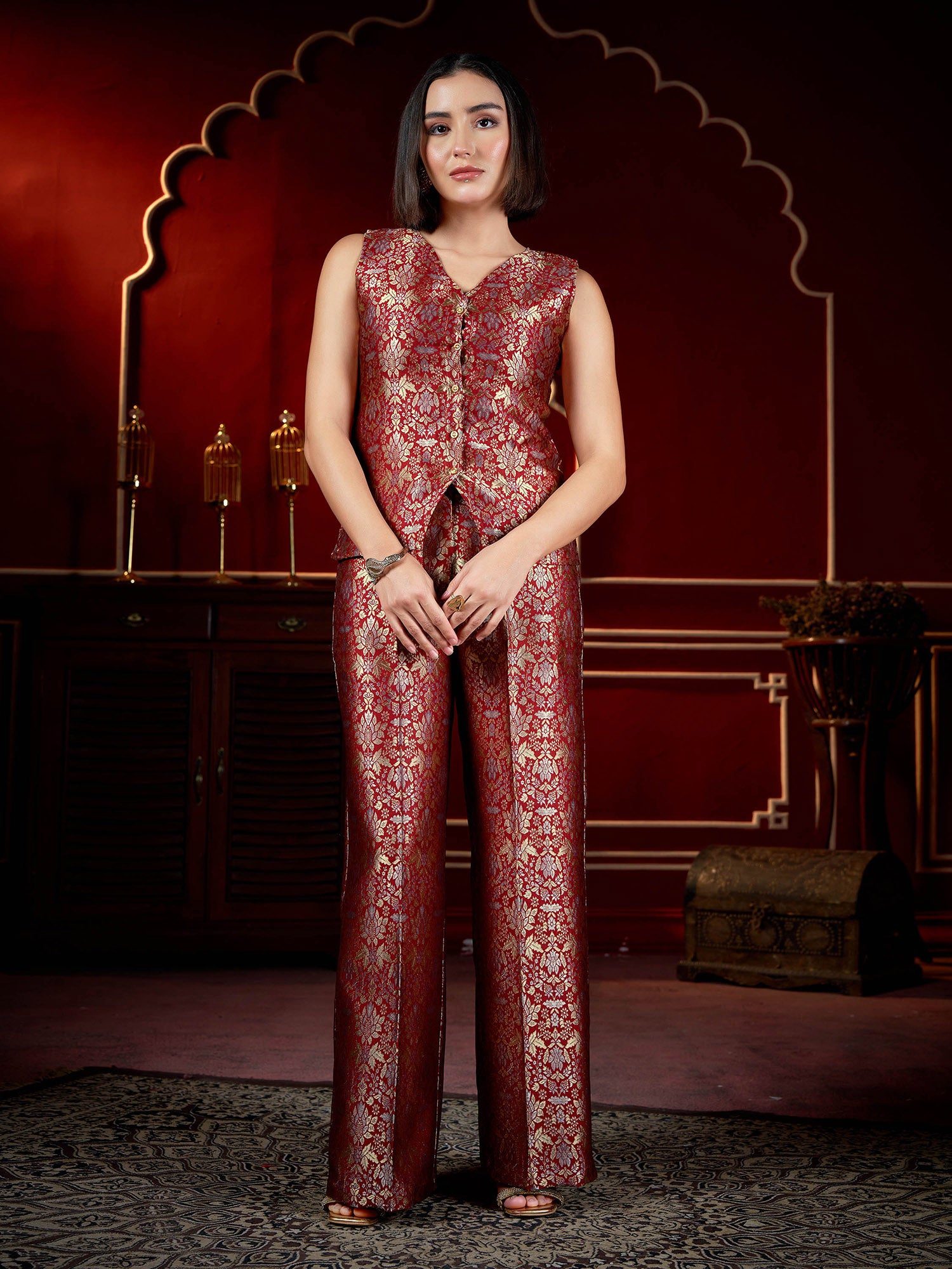 V- Neck Polyester Sleeves Co-ords Set