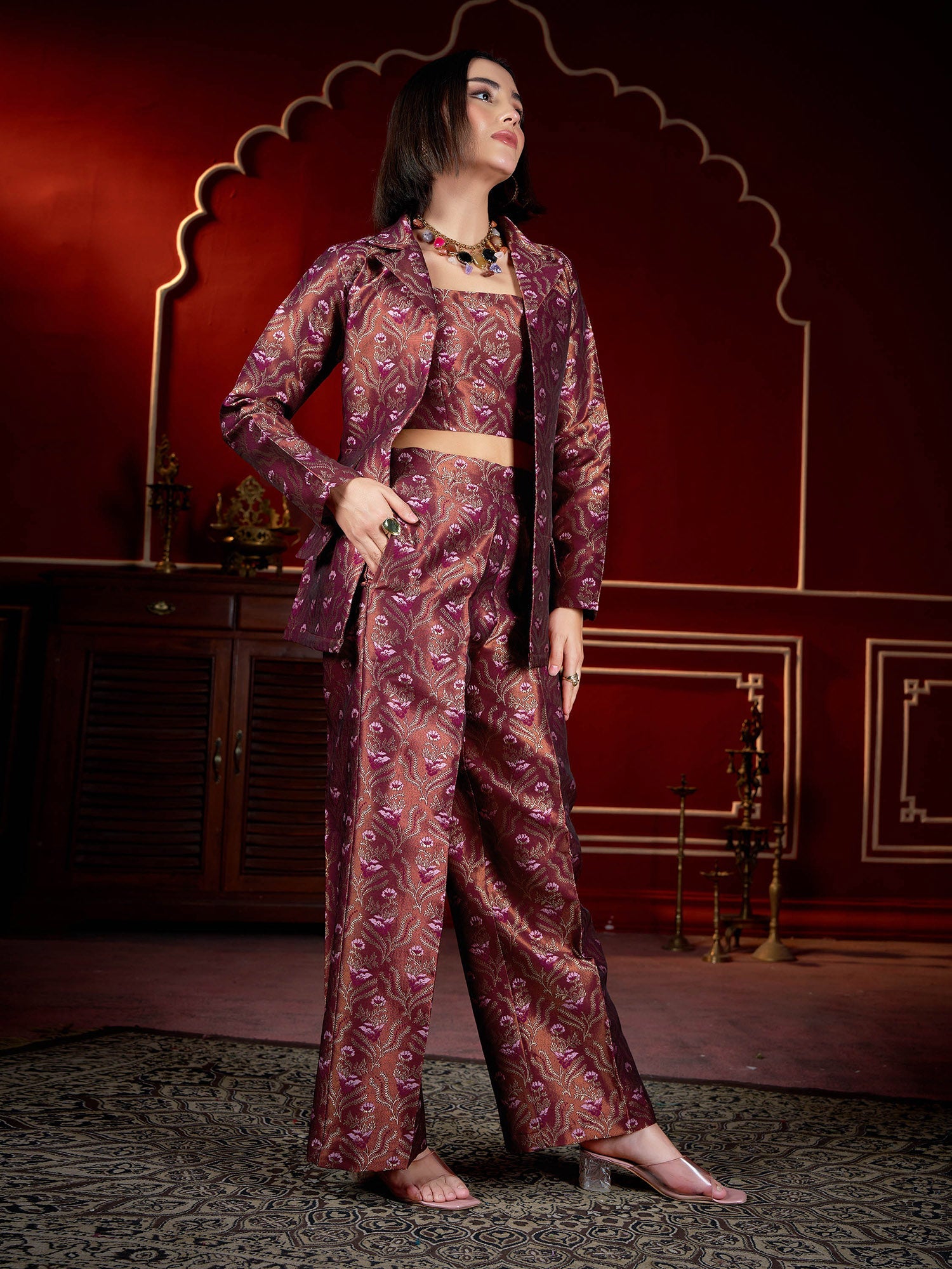 Women Regular Crop Top Pant Printed Co-Ordes Set