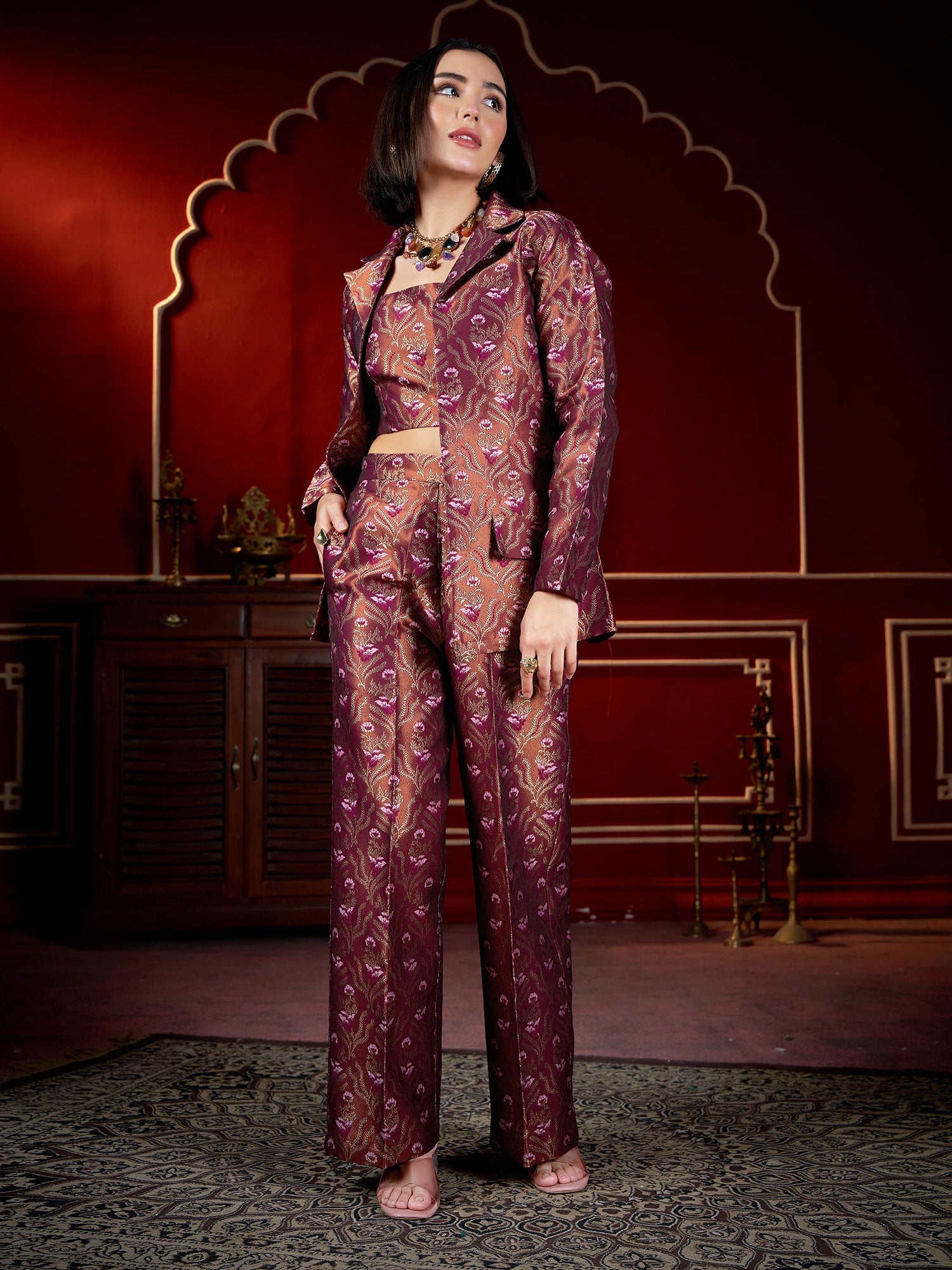 Women Regular Crop Top Pant Printed Co-Ordes Set