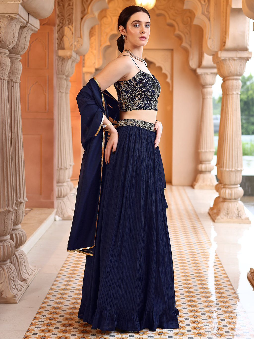 Often With Multiple Pleats Navy Blue Lehenga Choli