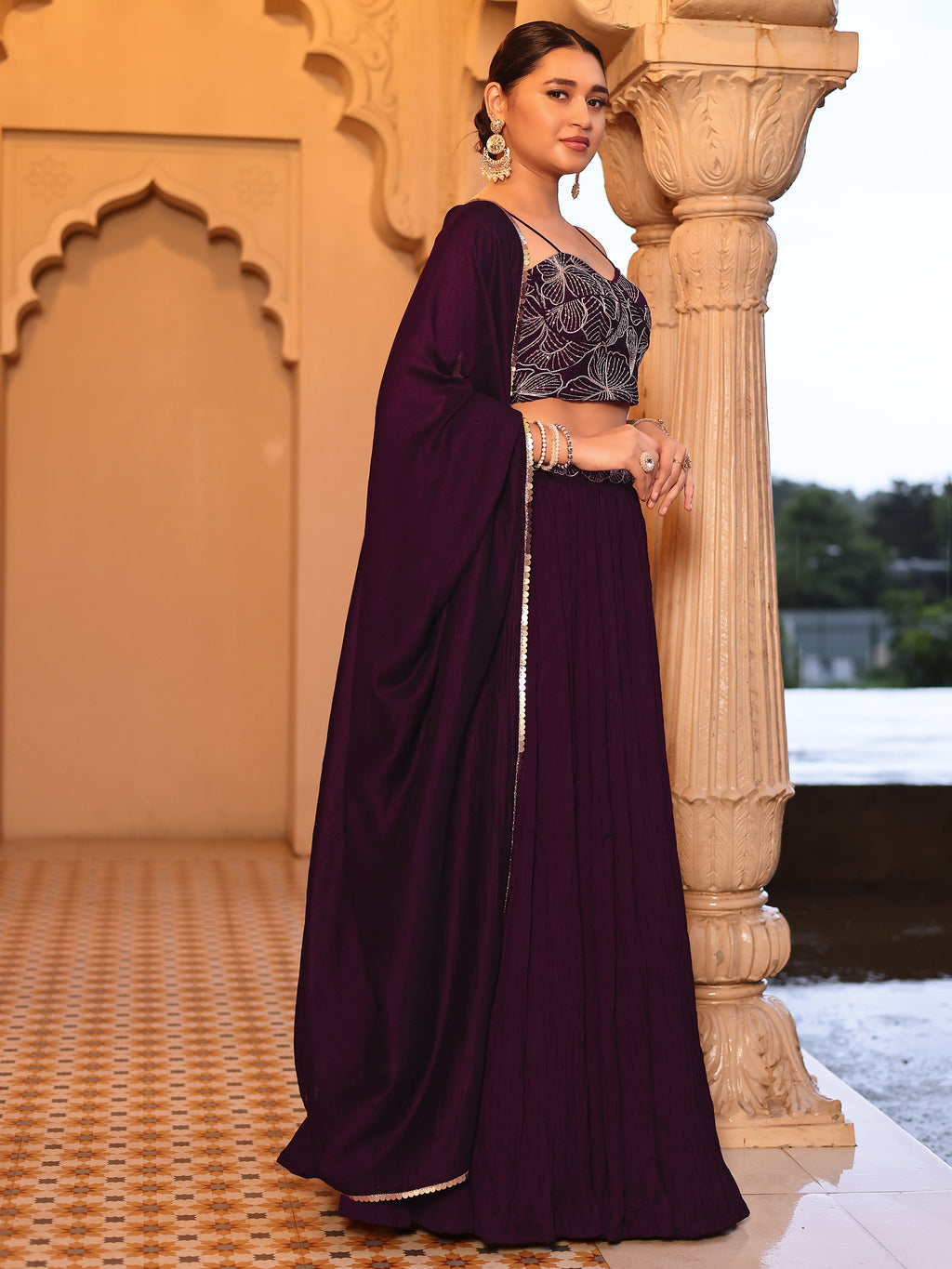 Often With Multiple Pleats Wine Lehenga Choli