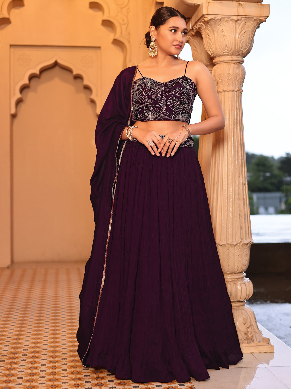 Often With Multiple Pleats Wine Lehenga Choli