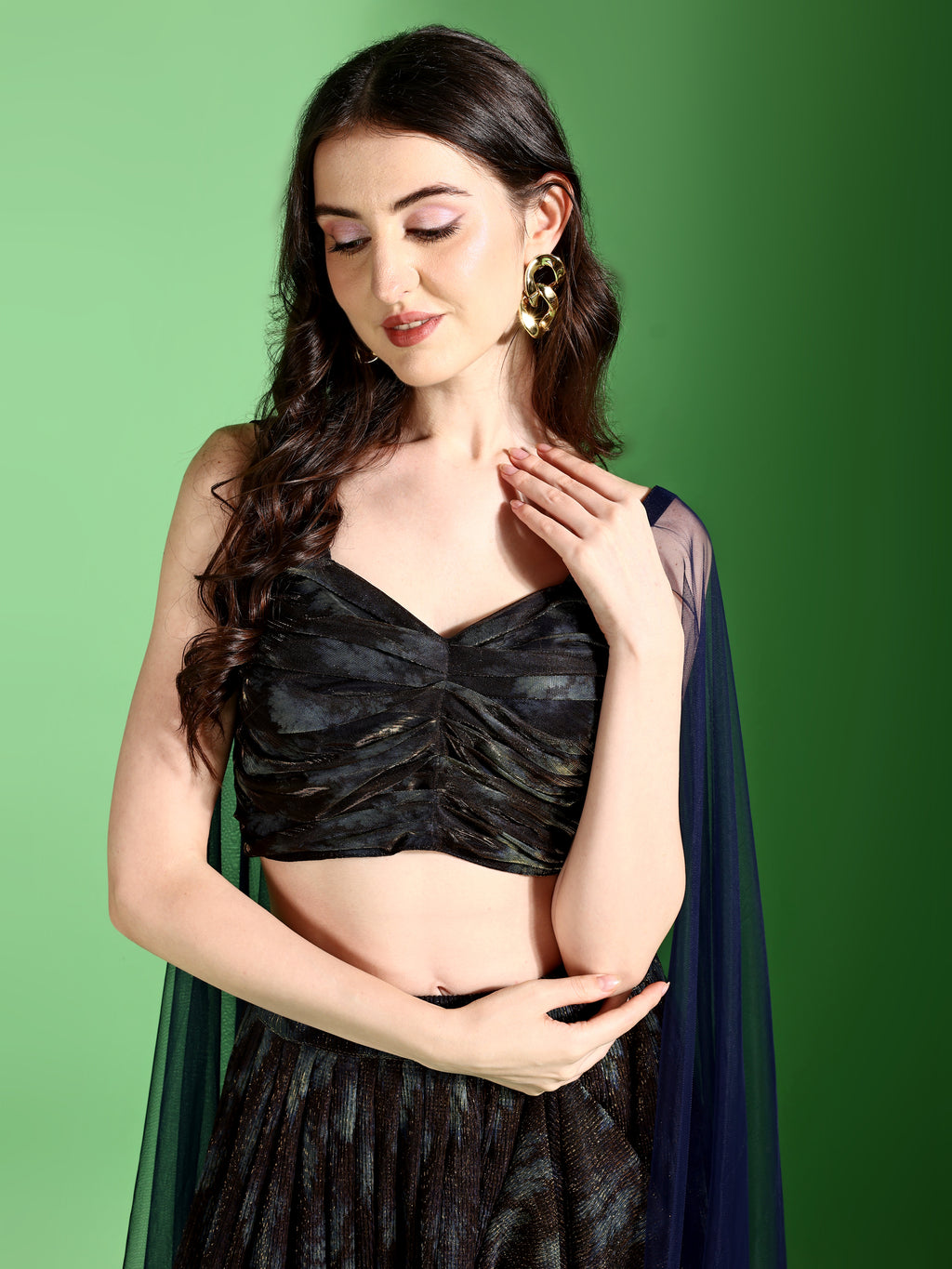 Dhoti-Style Paired Navy Blue lehenga Choli With Net Dupatta