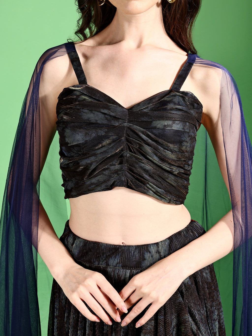 Dhoti-Style Paired Navy Blue lehenga Choli With Net Dupatta