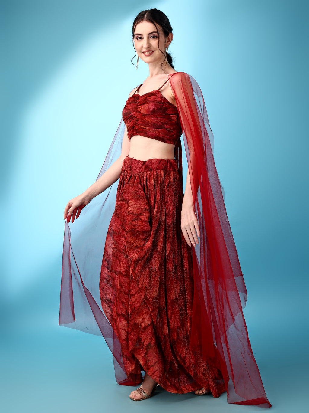 Dhoti-Style Paired Red lehenga Choli With Net Dupatta
