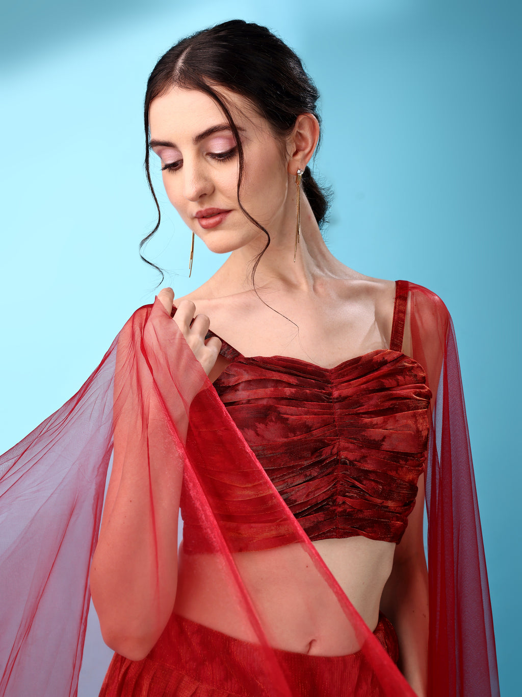 Dhoti-Style Paired Red lehenga Choli With Net Dupatta